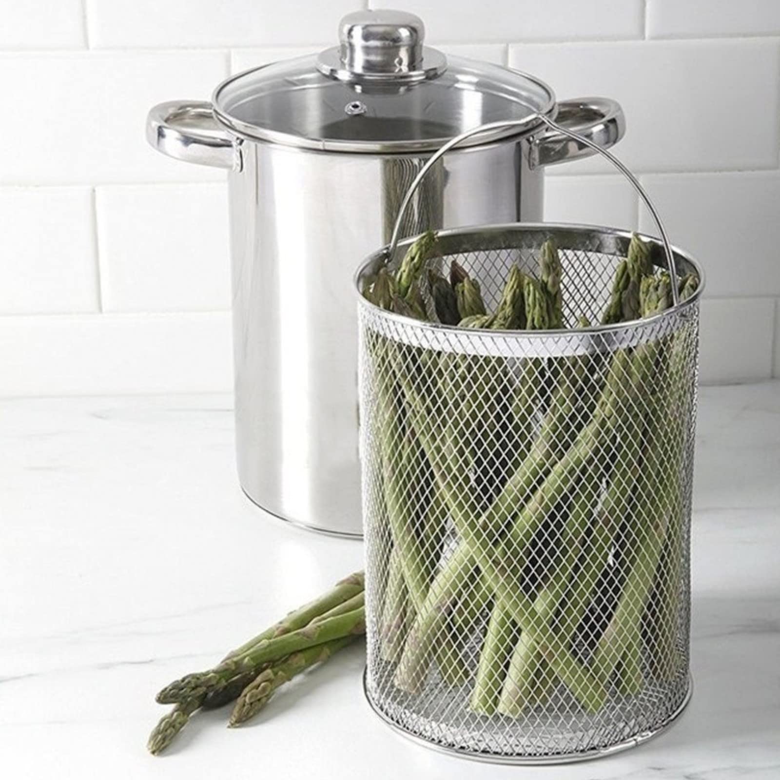 AVLA Asparagus Pot, 4 Quart Stainless Steel Steamer Cooker, Vegetable Asparagus Cooker with Removable Basket and Lid for Pasta, Spaghetti, Boiled Eggs, Shrimp, Oil Deep Fry Pan for French Fries