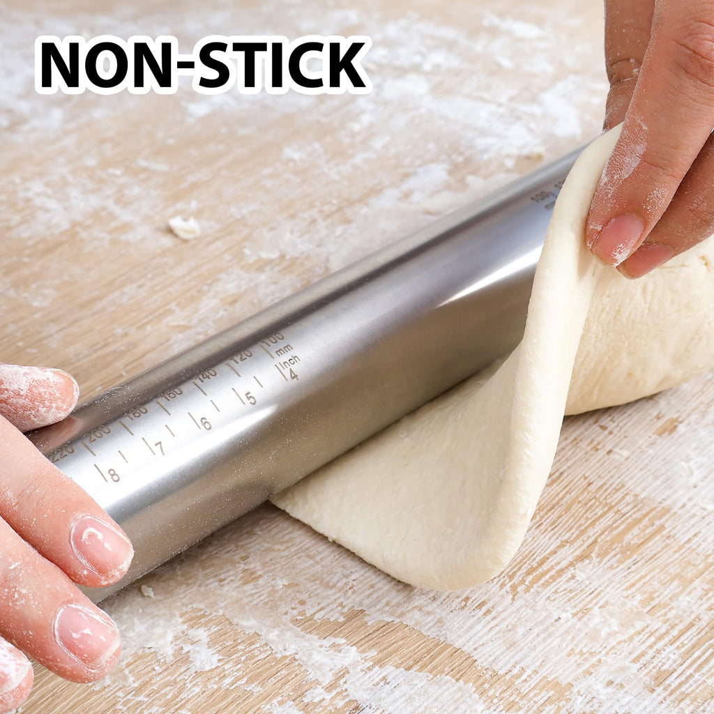 Adjustable Rolling Pin with Thickness Rings for Baking -Non Stick Dough Roller Pin with Spacer Bands for Cookie,Pie Crust, Pastry Fondant and Bread By Super Kitchen (Stainless Steel, 15.8")