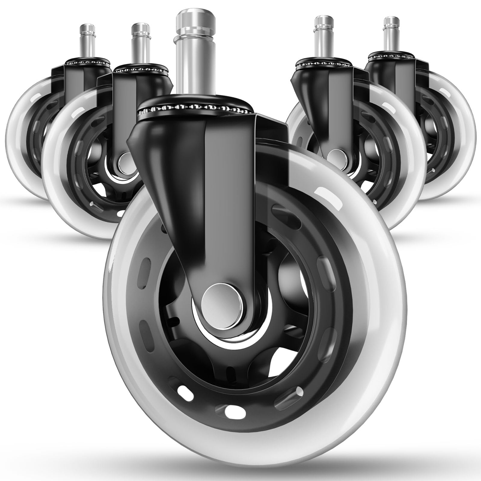 RIVEDA Office Chair Caster Wheels Set of 5 - Smooth 3 inch Heavy-Duty Replacement Rubber Wheels for Gaming & Desk Chair - Easy to Install, Suitable for Hardwood Floors, Carpet, Tiles (Clear)