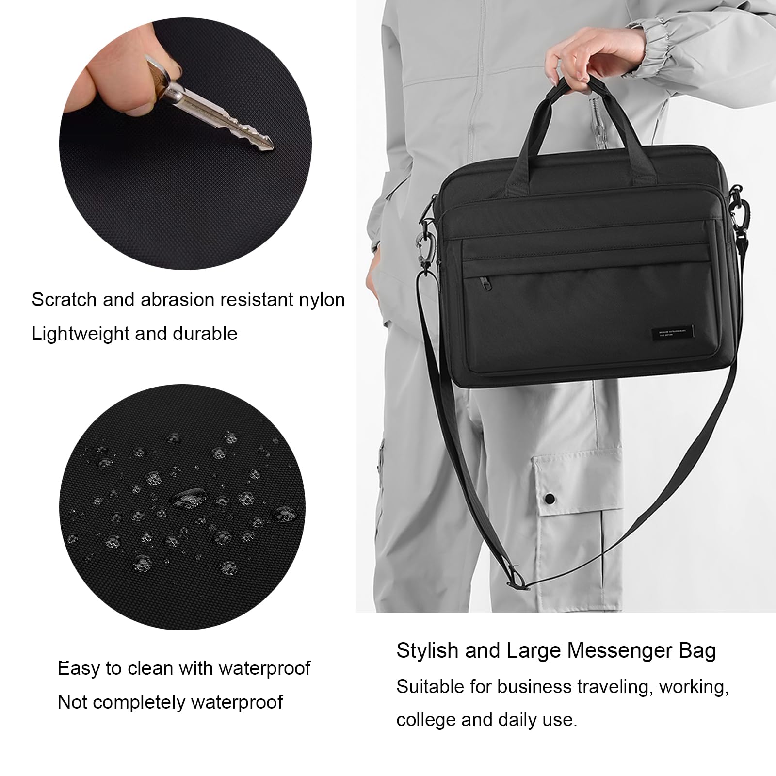 Laptop Bag 15.6 Inch Briefcase for Men Women Waterproof Nylon Lightweight, Shoulder Computer Messenger Handbag for Business Office Work Travel College Black