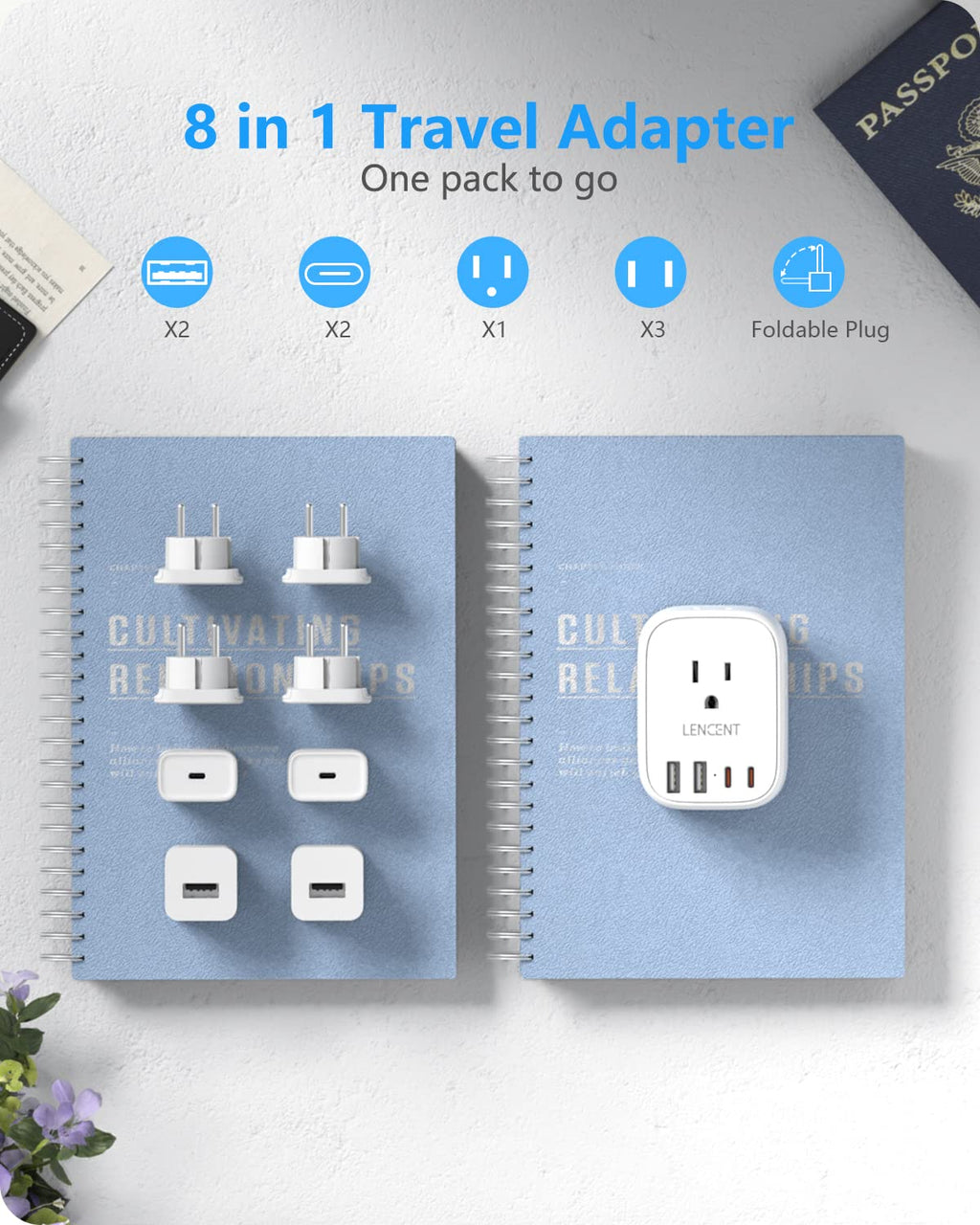 European Travel Plug Adapter, LENCENT International Type-C Foldable Power Plug with 4 Outlets, USB C Charger Adaptor, Canada/US to Most of Europe EU Iceland Spain Italy France Germany Greece
