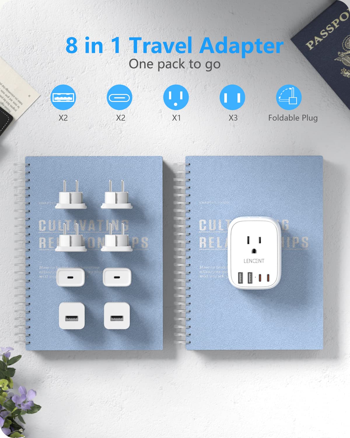 European Travel Plug Adapter, LENCENT International Type-C Foldable Power Plug with 4 Outlets, USB C Charger Adaptor, Canada/US to Most of Europe EU Iceland Spain Italy France Germany Greece