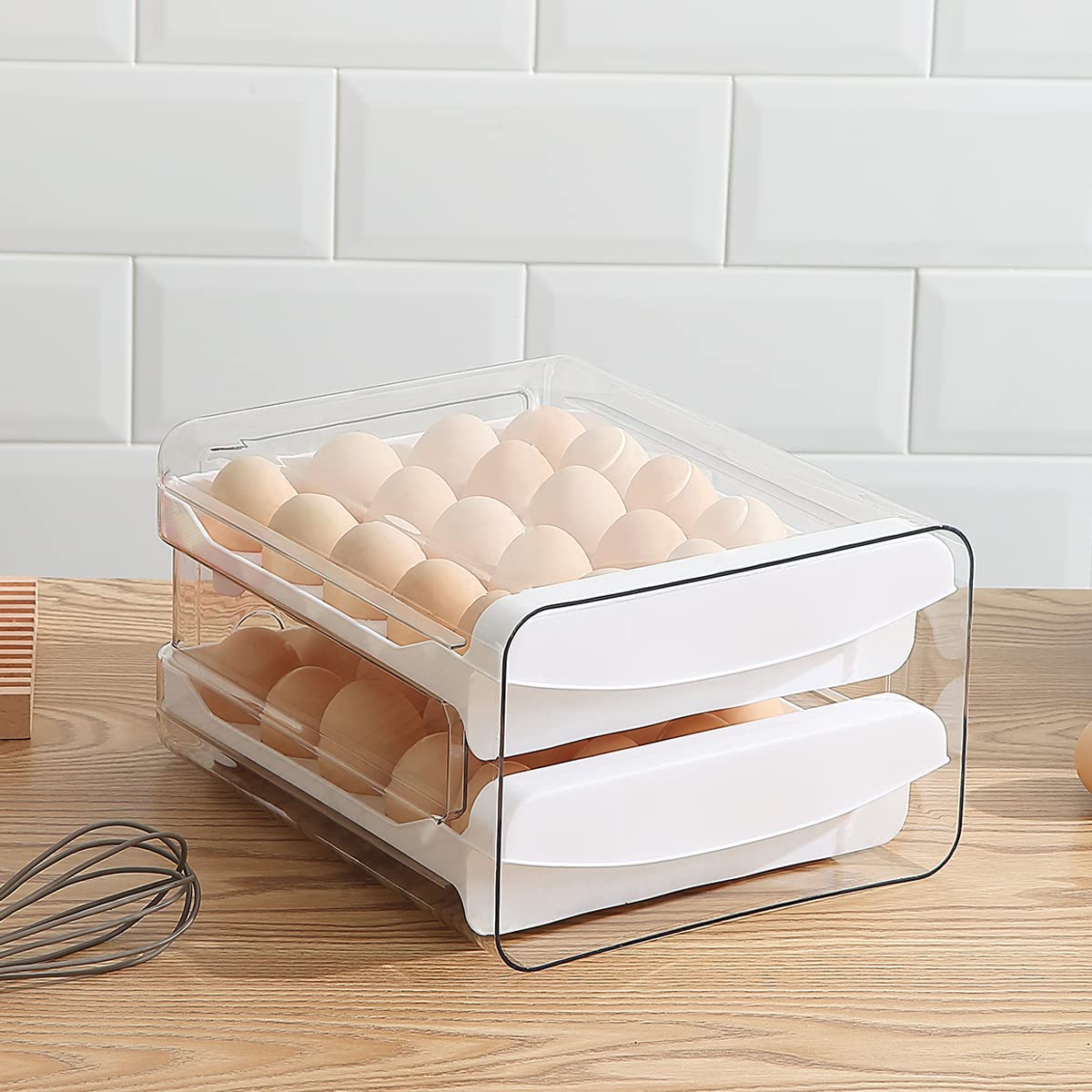 HOMQUEN Egg Container for Refrigerator, 40 Grid/2 Layer Egg Holder for Refrigerator, Egg Drawer for Refrigerator, Egg Fresh Storage Box for Fridge, Egg Tray & Egg Storage, Clear Plastic (Pack of 1)