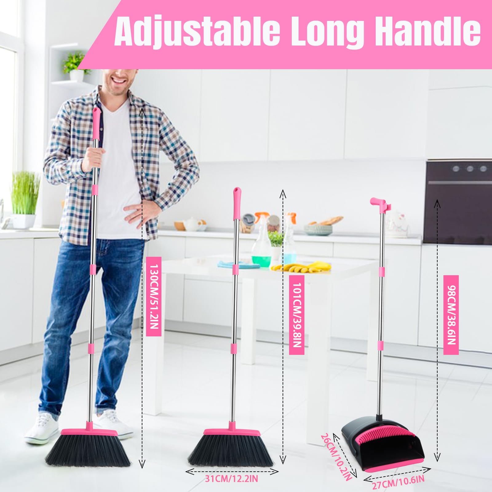 XXFLOWER Broom and Dustpan Set, Dustpans with 51 Inch Broom Combo with Long Handle for Home Kitchen Room Office Indoor Floor Cleaning(Black-Pink)
