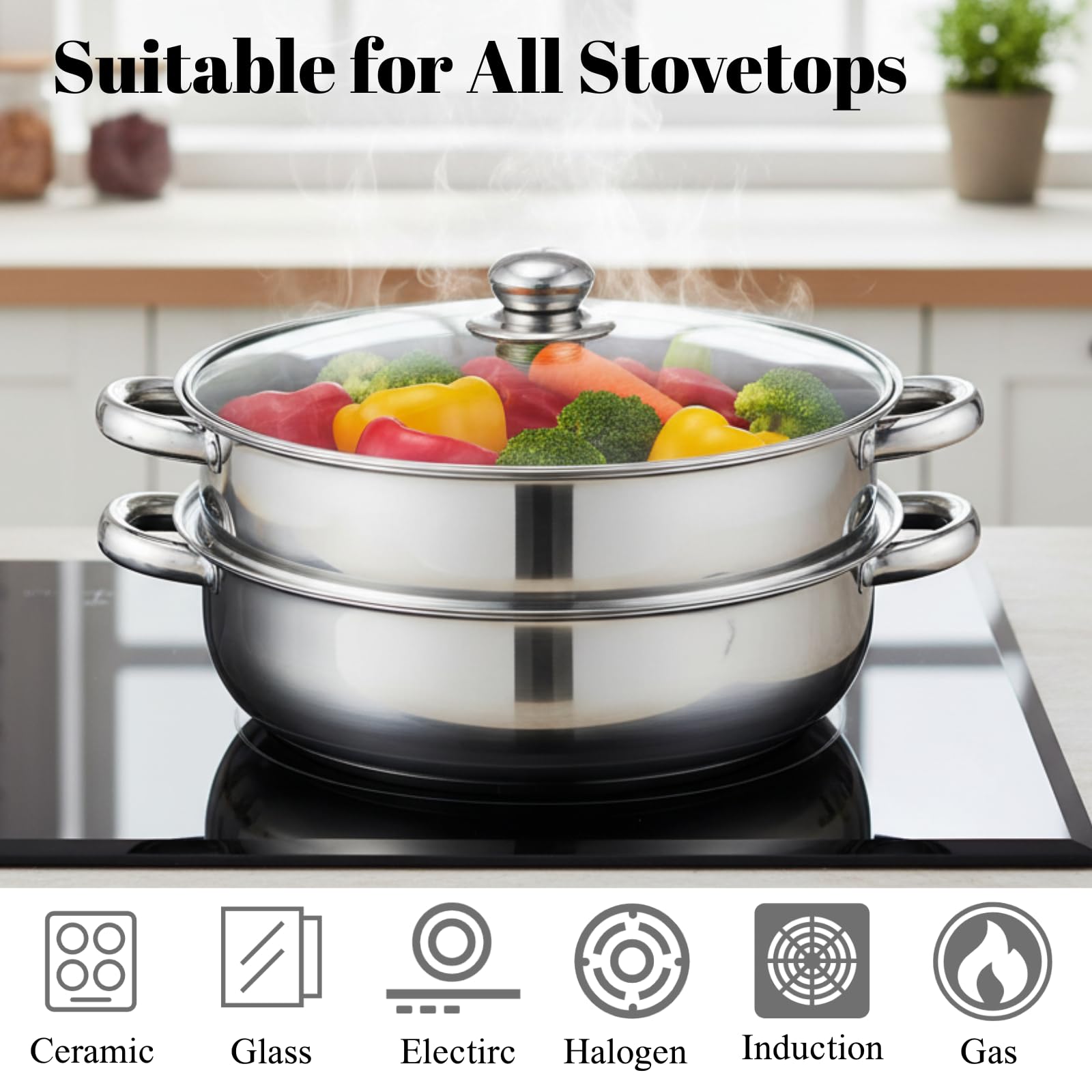 ZENFUN Steamer Pot With Lid 2 Tier, Multipurpose Stainless Steel Steaming Pot, Steam Pots With Handle For Vegetable, Dumpling, Food, 11 Inch（Thickened）