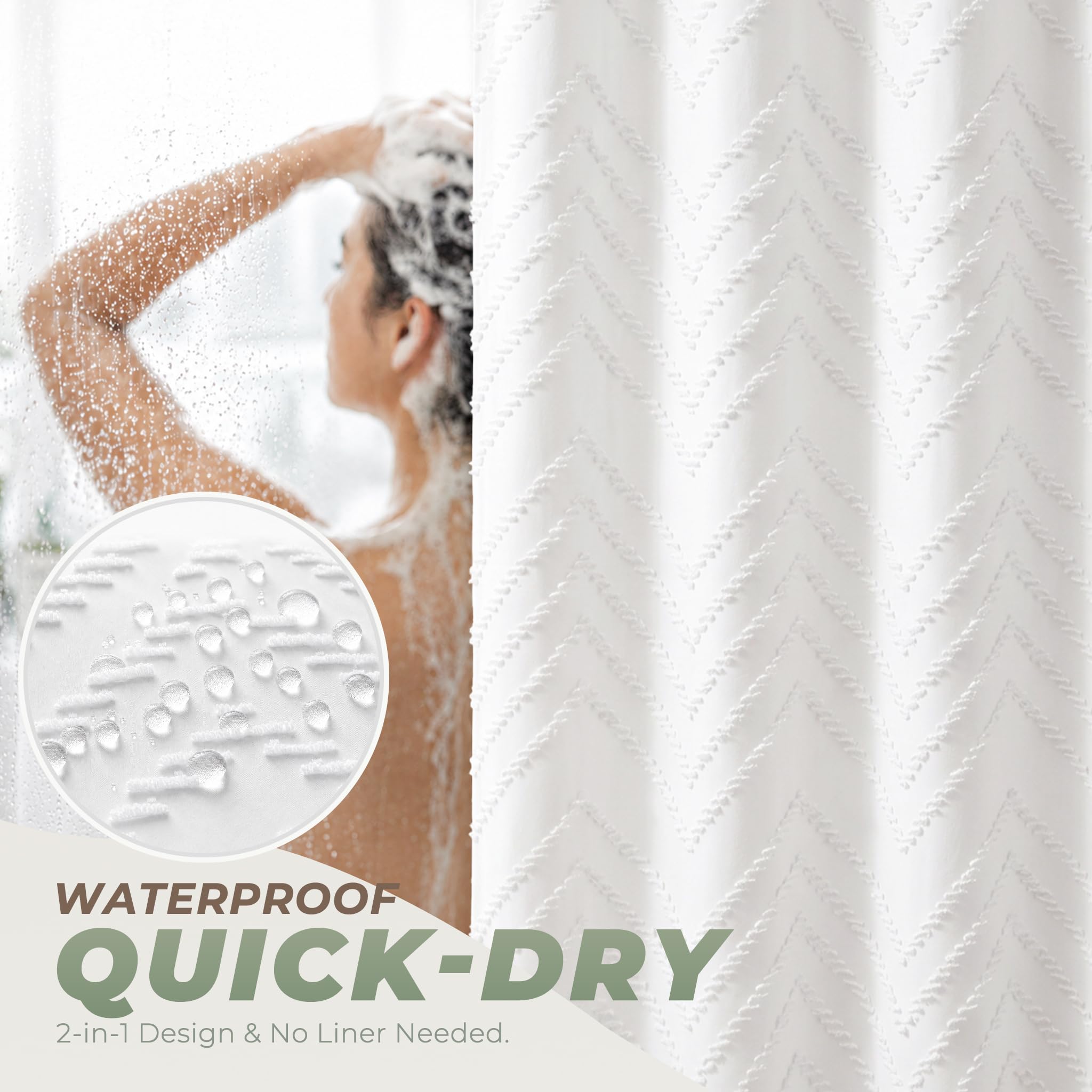 White Boho Fabric Shower Curtain 72 x 72 Inches, Modern Shabby Chic Textured Tufted Chevron Striped Minimalist Cloth Bathroom Shower Curtain