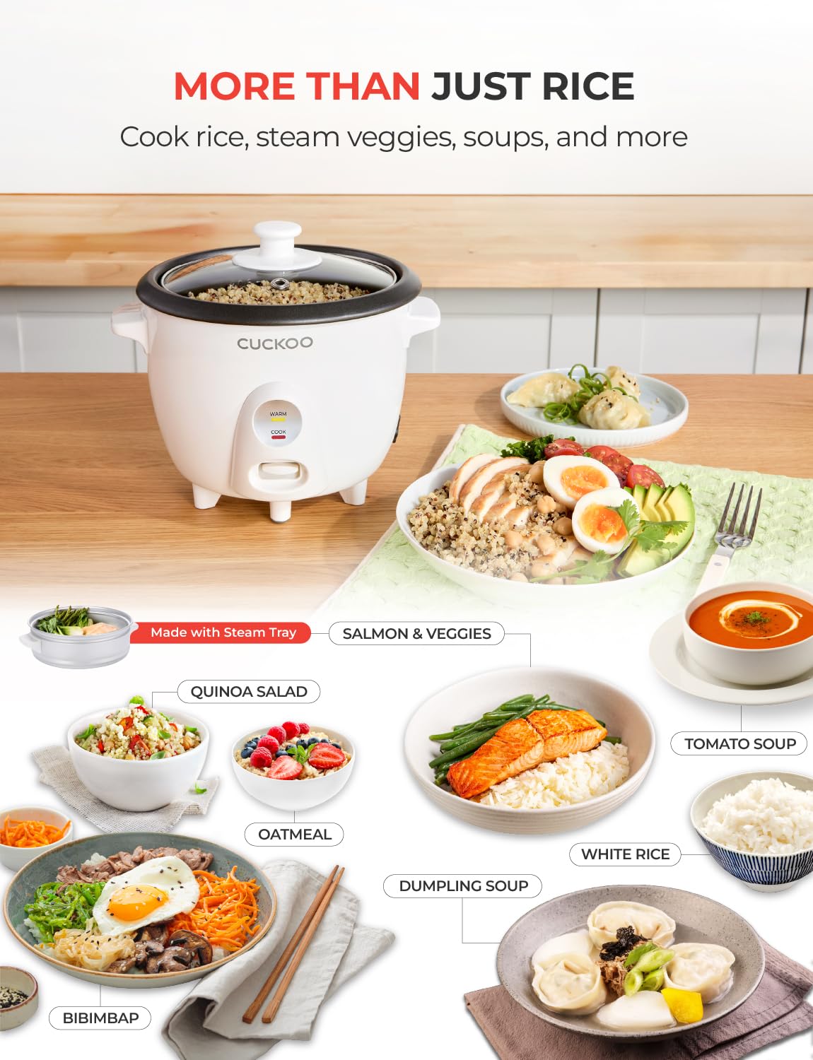 CUCKOO One Touch Rice Cooker 3-Cup (Uncooked) / 6-Cup (Cooked), Mini Rice Cooker & Warmer with Steamer Tray, Versatile Grain Cooker, Soup Maker, Auto Keep Warm, White (CR-0301C)