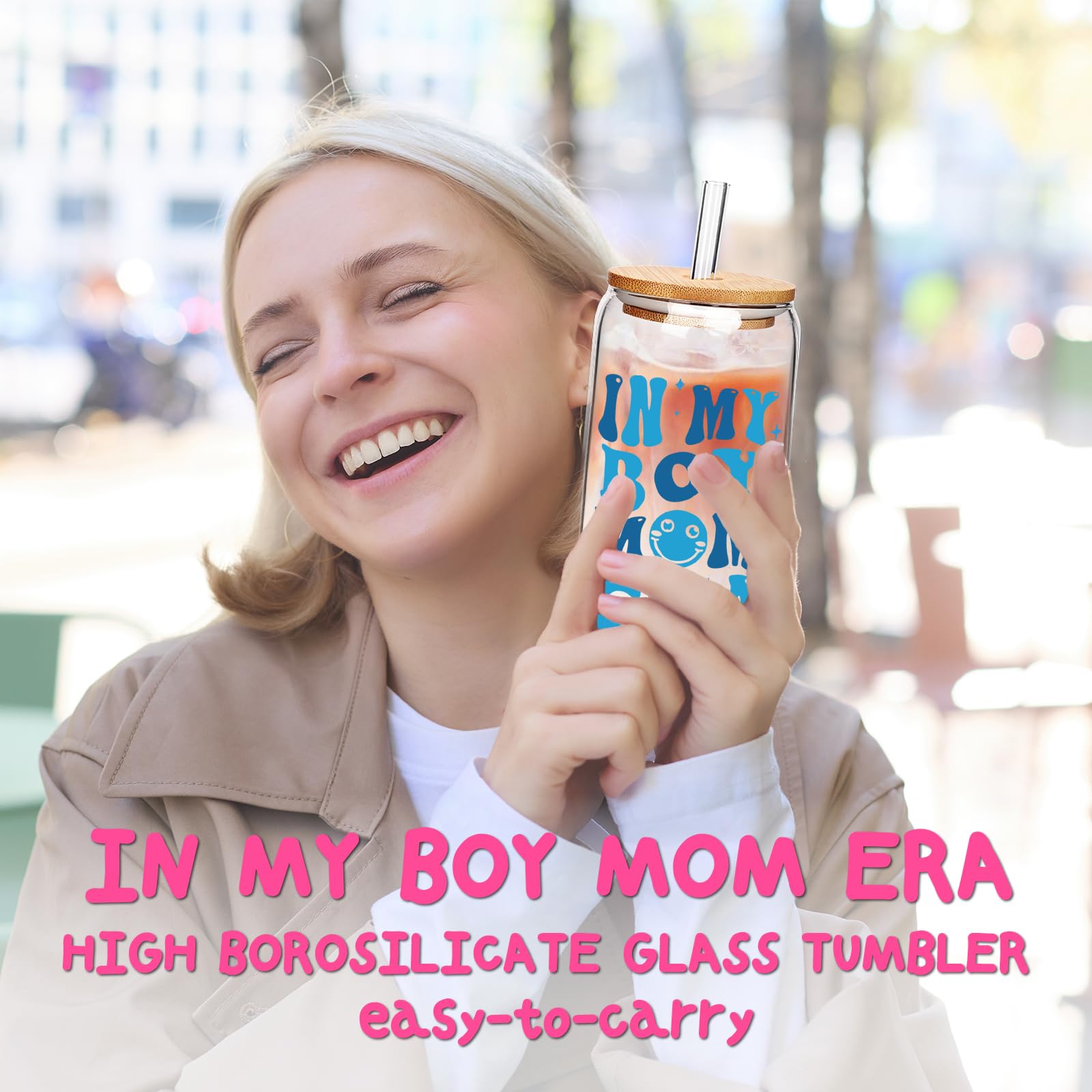 ANOTION in My Boy Mom Era Gift Set - Boy Mom Iced Coffee Cups, Mothers Day Coffee Mug with Straw, New Mom Gifts, Mother's Day Card, Mama Birthday Gift, Glass Tumbler Drinking Cup for Mother