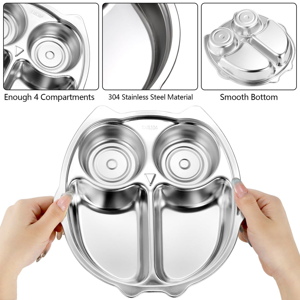 Noamus 3 Pack Stainless Steel Divided Plates, 9 Inch 304 Dinner Platter, Diet Portion Control Tray, 4 Sections Owl Shape Meal Plate for Adult Children Picky Eaters, Camping Dish Lunch Snack