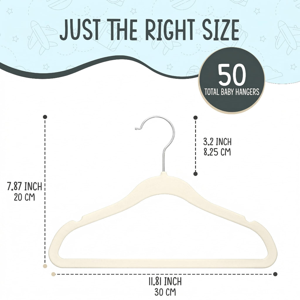 Techzoo Premium Baby Velvet Hangers 50 Pack – 11.8" Non Slip Felt Cloth Hangers for Closet – Ultra Slim, Space Saving Baby Clothes Hangers with 360° Swivel Hook Infant Hangers – Ivory