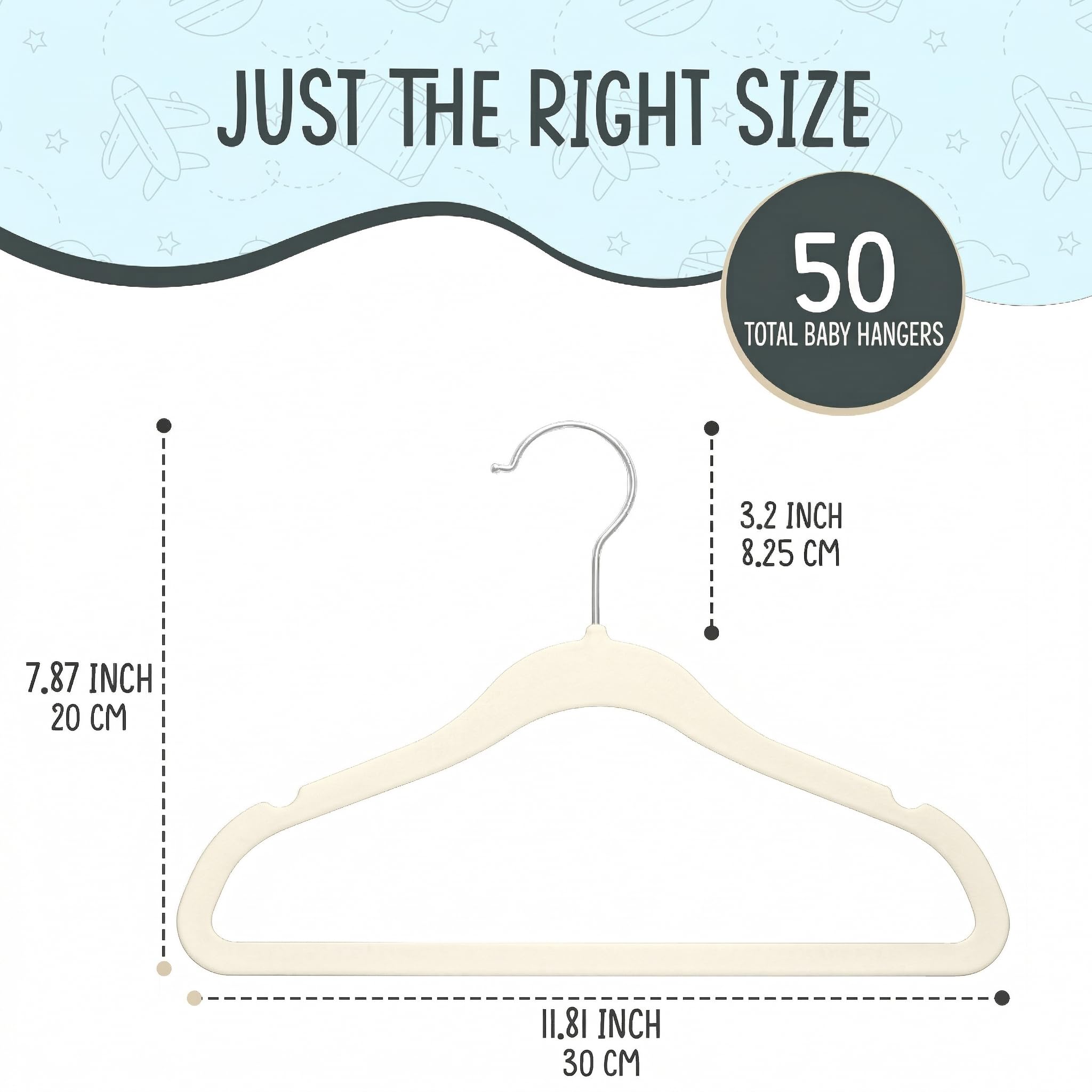 Techzoo Premium Baby Velvet Hangers 50 Pack – 11.8" Non Slip Felt Cloth Hangers for Closet – Ultra Slim, Space Saving Baby Clothes Hangers with 360° Swivel Hook Infant Hangers – Ivory