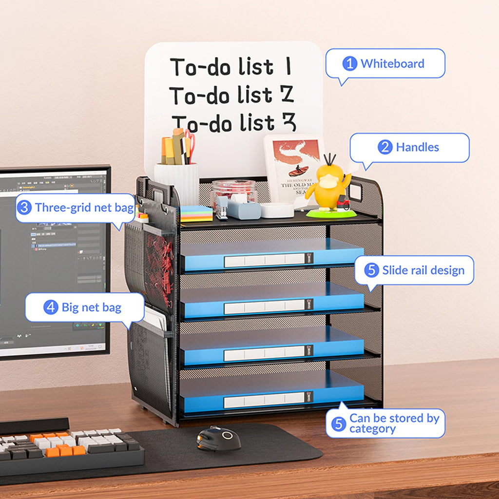 Desk Organizer with Erase Board, Storage Bag, Pen and Whiteboard Eraser, 5-Tier Paper Letter Tray File Organization: Mesh Workspace Document Storage Desktop Organizer Accessories for Office Supplies