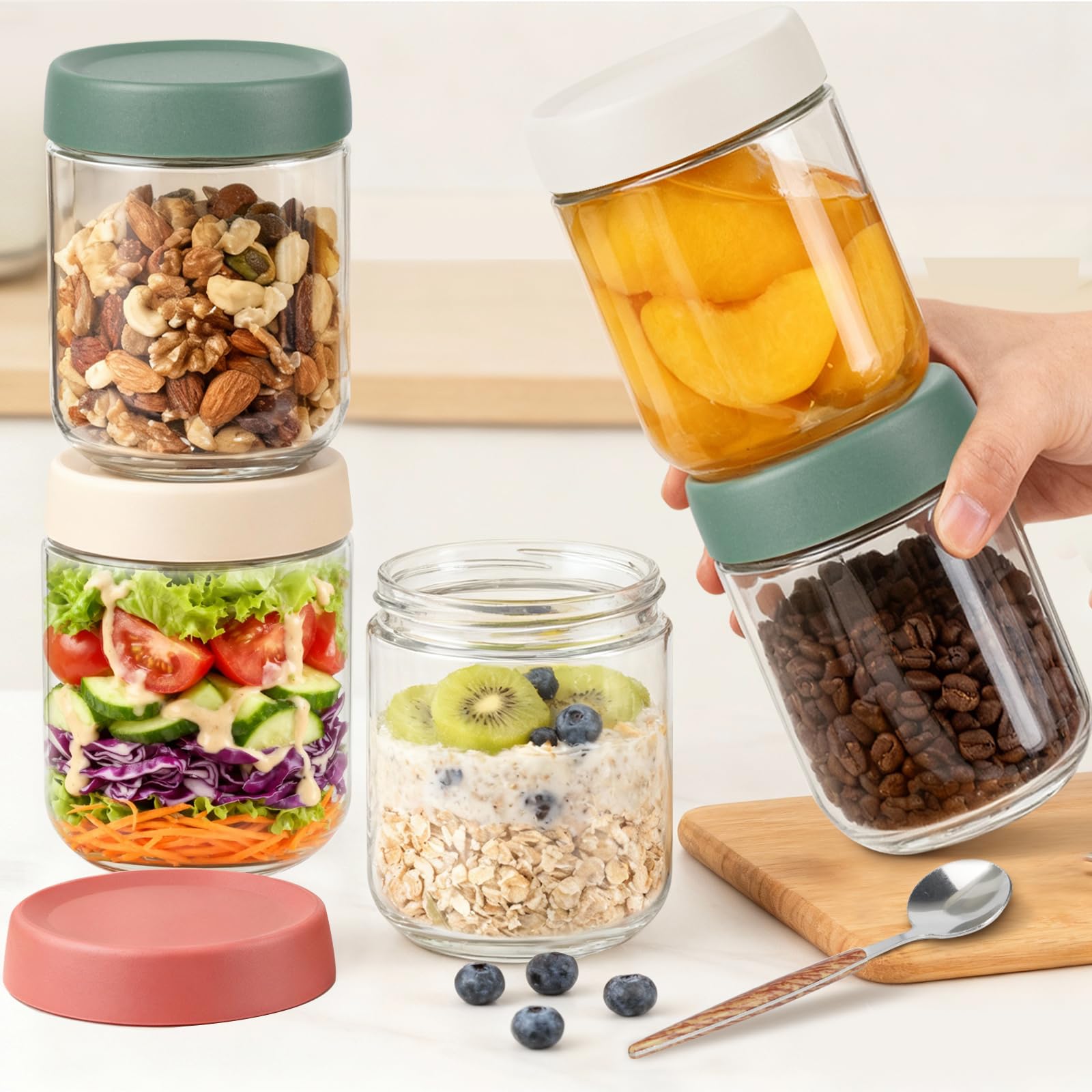 Overnight Oats Jar,4 Pack 16OZ Overnight Oats Containers with Lids,Reusable Wide Mouth Mason Jars Glass Jar for Fruit, Yogurt, Snacks,Salad Dressing, Pasta,Sugar -Leak Proof (500 ml)