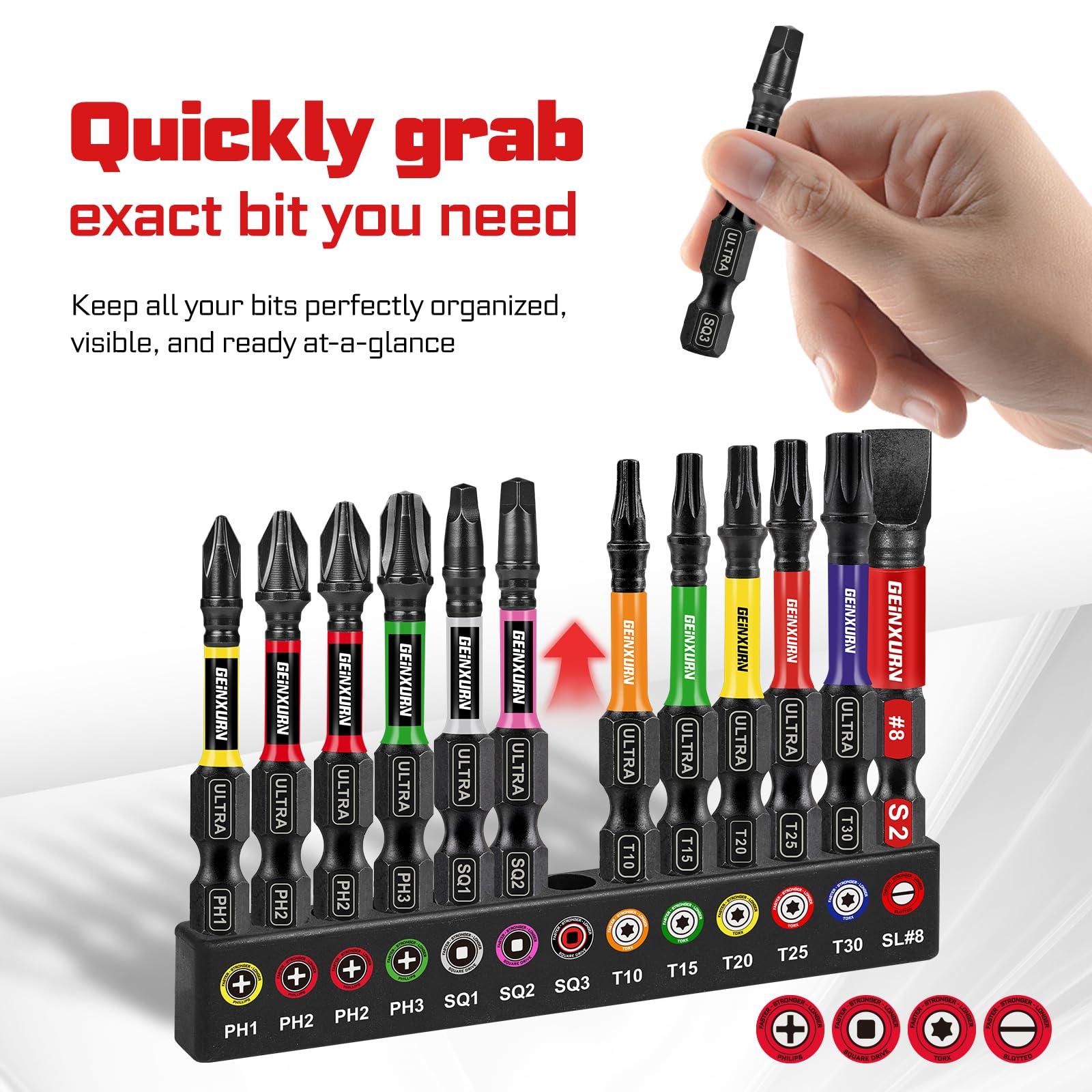 Geinxurn 26Pcs 2” 3” Impact Phillipes/Torx/Square/Slotted Screwdriver Bits Set,Magnetic S2 Steel Driver Bits Set and 1pc Impact Bit Holder with Color Coded Base