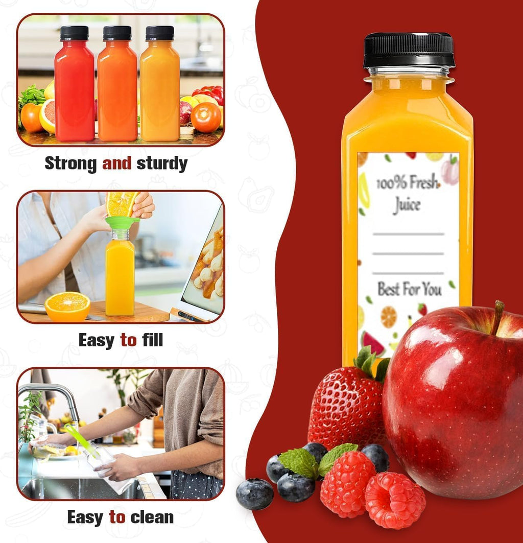 Plastic Juice Bottles with Caps 12 pcs, 12oz Reusable Juice Containers with Tamper Proof Lids Black, Clear Juice Bottles for Juicing, Milk, Smoothie, Drinking, and Other Beverages Christmas Gifts