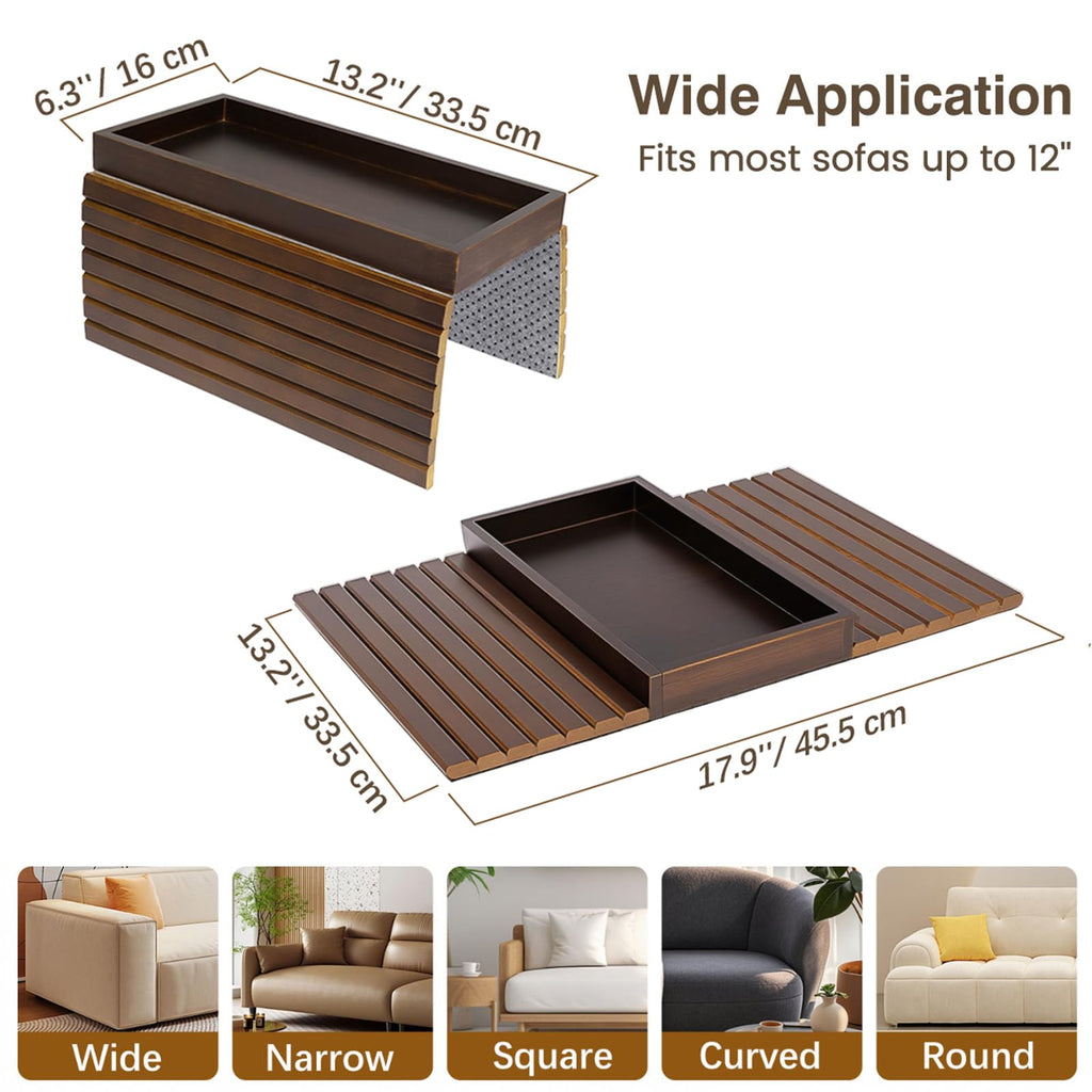 Kssiaz Couch Arm Tray, Bamboo Sofa Tray Table, Sofa Armrest Table, Anti-Slip Armrest Organizer, Foldable Couch Cup Holder for Snacks, Phone, Control, Cups, Brown
