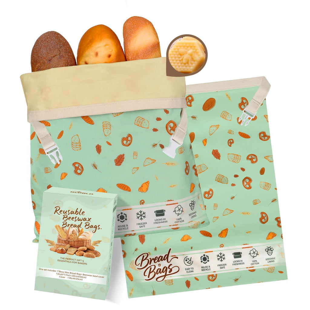 Reusable Beeswax Bread Bags for Homemade Bread 2 Pack, 17 x 13 inch, Natural Lined Cotton Beeswax Bags for Freezer & Refrigerator, Sourdough Bag, Bread Storage Bags Freshness Lock, Bakery Essentials