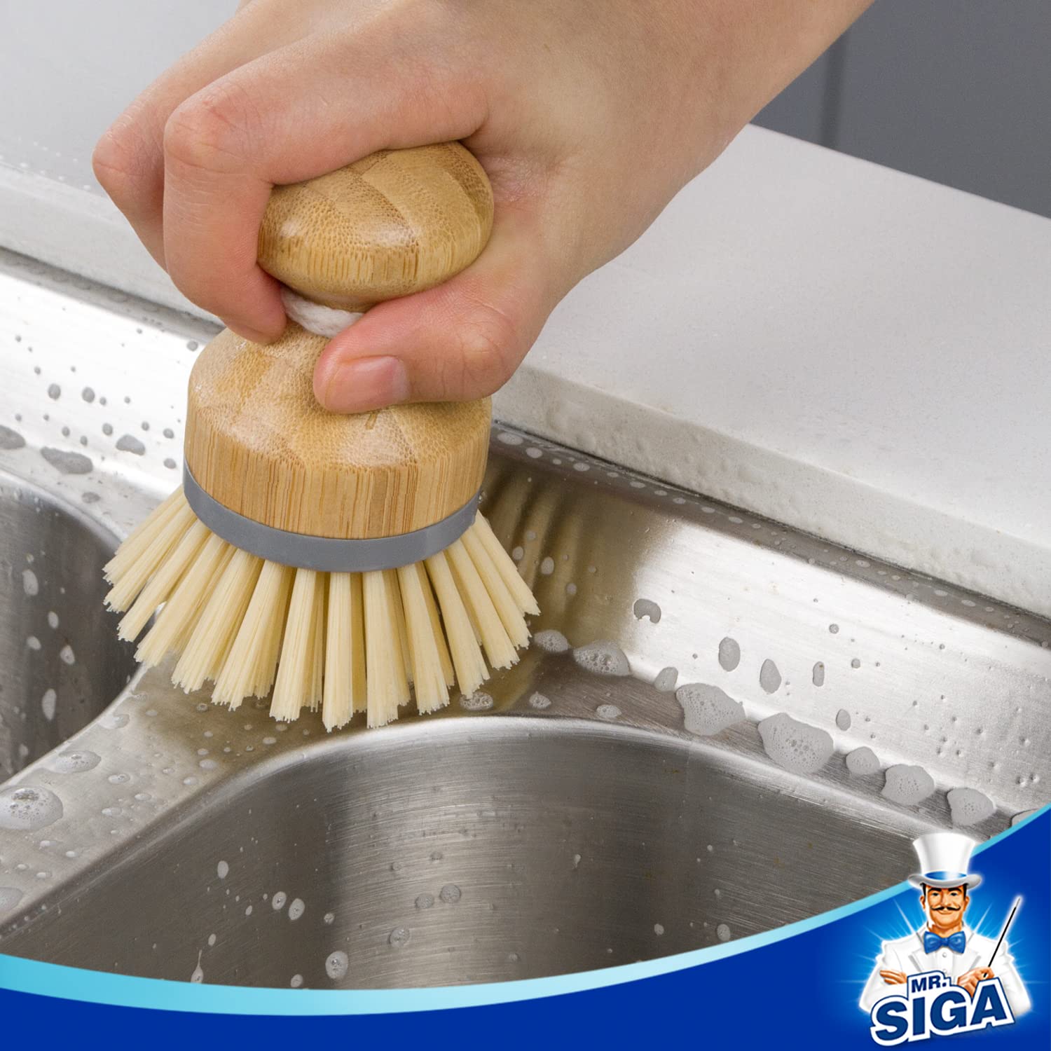 MR.SIGA Bamboo Palm Brush, Scrub Brush for Dishes Pots Pans Kitchen Sink Cleaning, Pack of 2