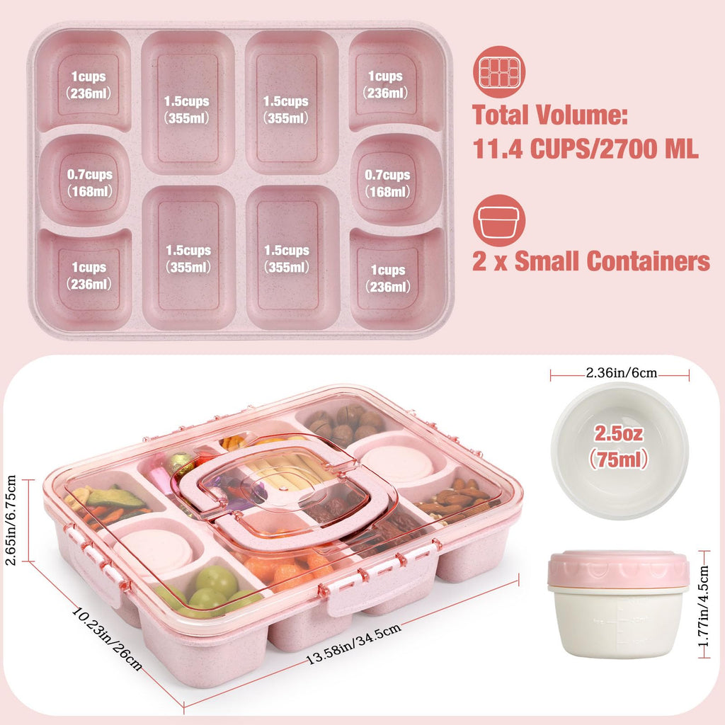 Caperci Large Snack Box Container - 10-Compartment Divided Serving Tray with Lid and Handle & 2 Dip Containers, Dishwasher Safe, Leak-Proof, Wheat Straw, BPA-Free (Pink)