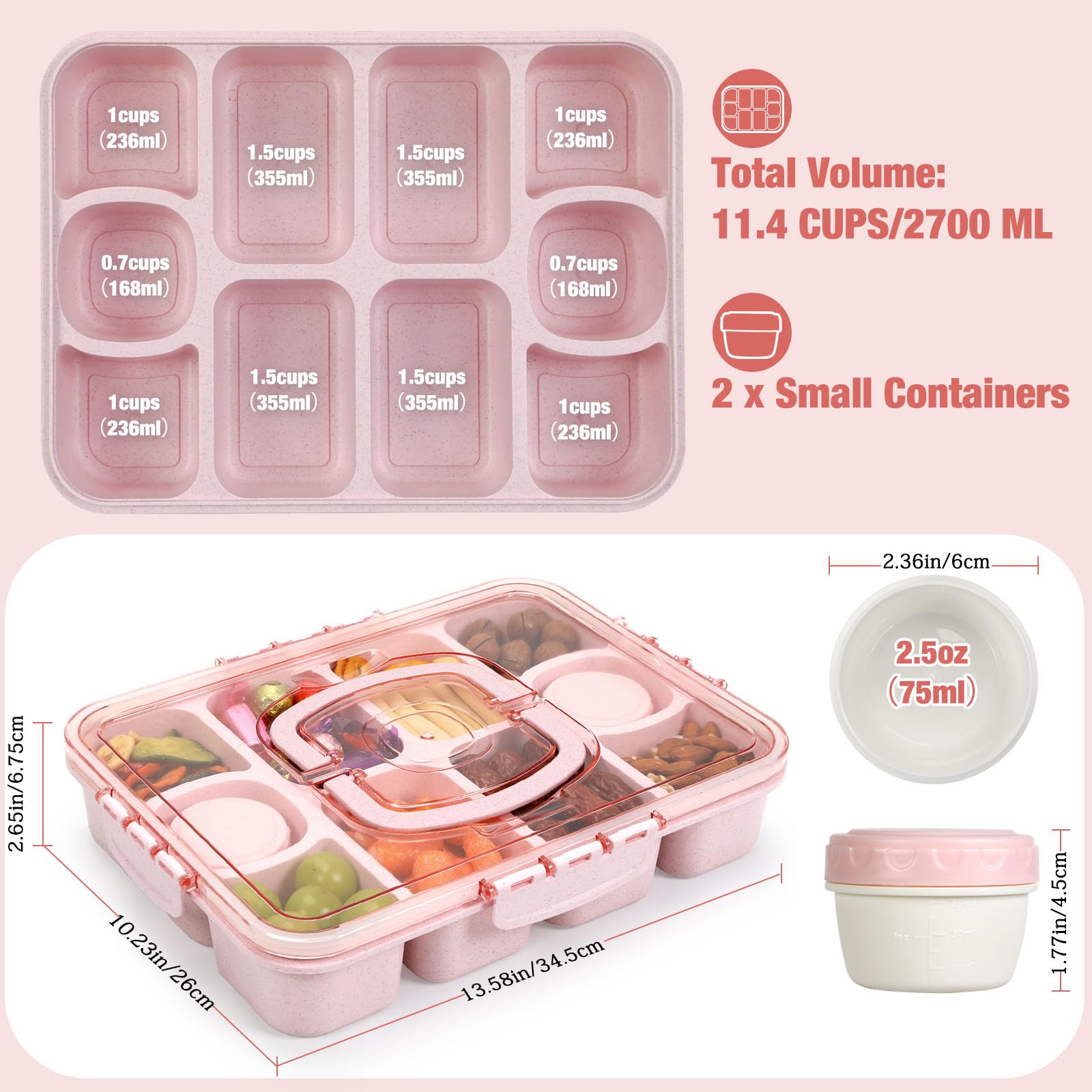 Caperci Large Snack Box Container - 10-Compartment Divided Serving Tray with Lid and Handle & 2 Dip Containers, Dishwasher Safe, Leak-Proof, Wheat Straw, BPA-Free (Pink)