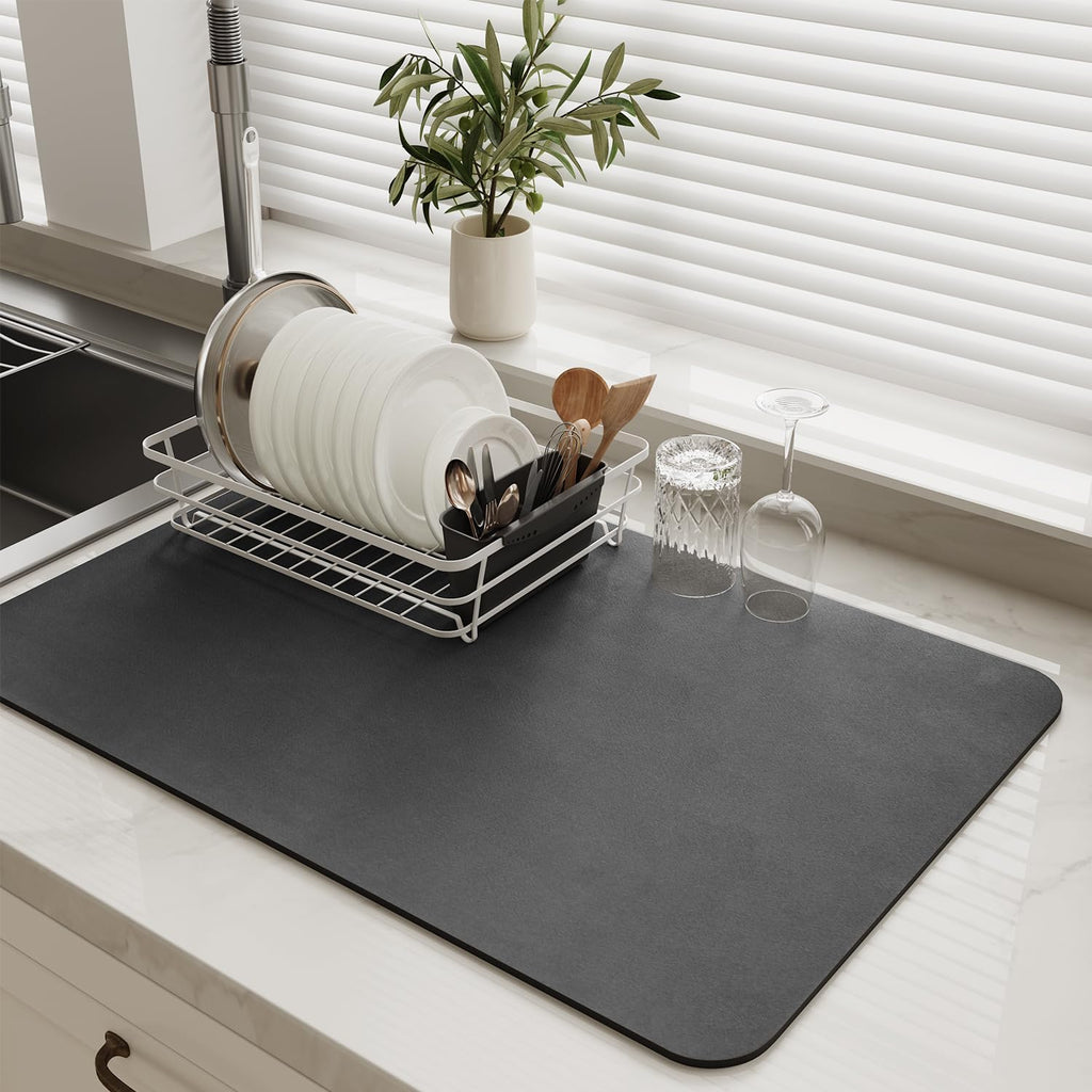 MontVoo-Absorbent Dish Drying Mat-Kitchen Counter Rubber Backed Water Absorbing Drying Mat-Hide Stain Under Dish Mat Quick Dry Coffee Mat-Dark Grey 16''x24''