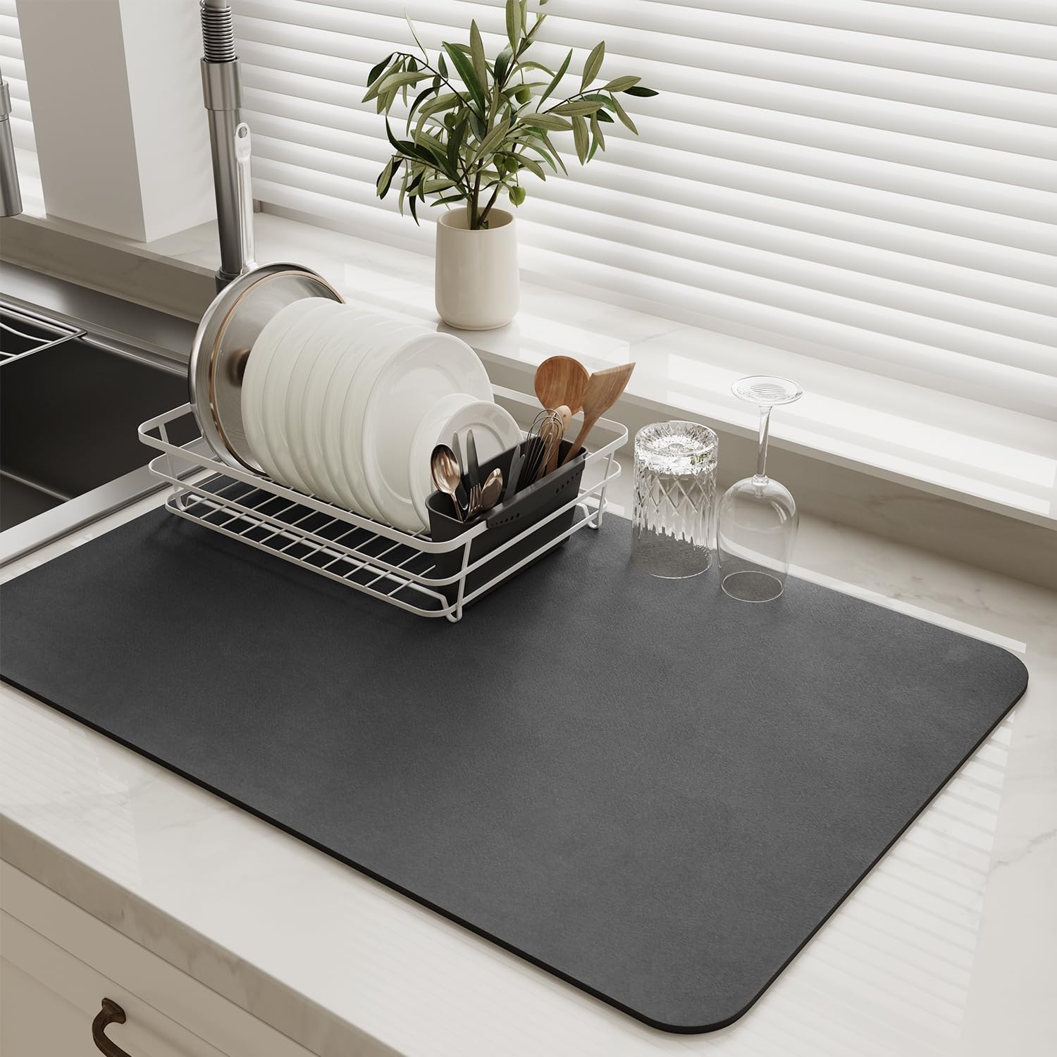 MontVoo-Absorbent Dish Drying Mat-Kitchen Counter Rubber Backed Water Absorbing Drying Mat-Hide Stain Under Dish Mat Quick Dry Coffee Mat-Dark Grey 16''x24''