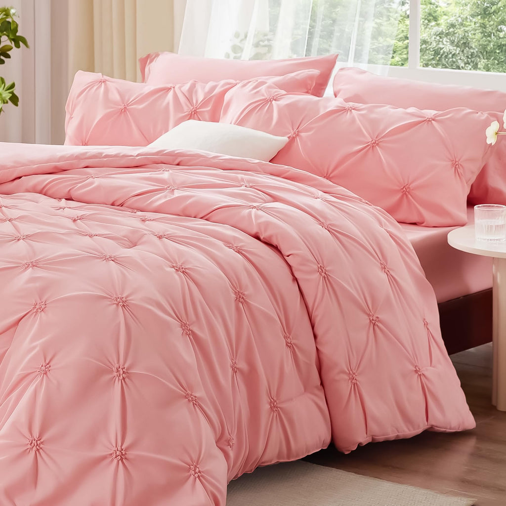 BEDELITE Queen Comforter Set Pink - 3 Pieces Boho Pintuck Bedding Sets, Queen Size Bed Set with 2 Pillow Shams for All Seasons, Room Decor Valentine's Gift,Lightweight Soft and Warm
