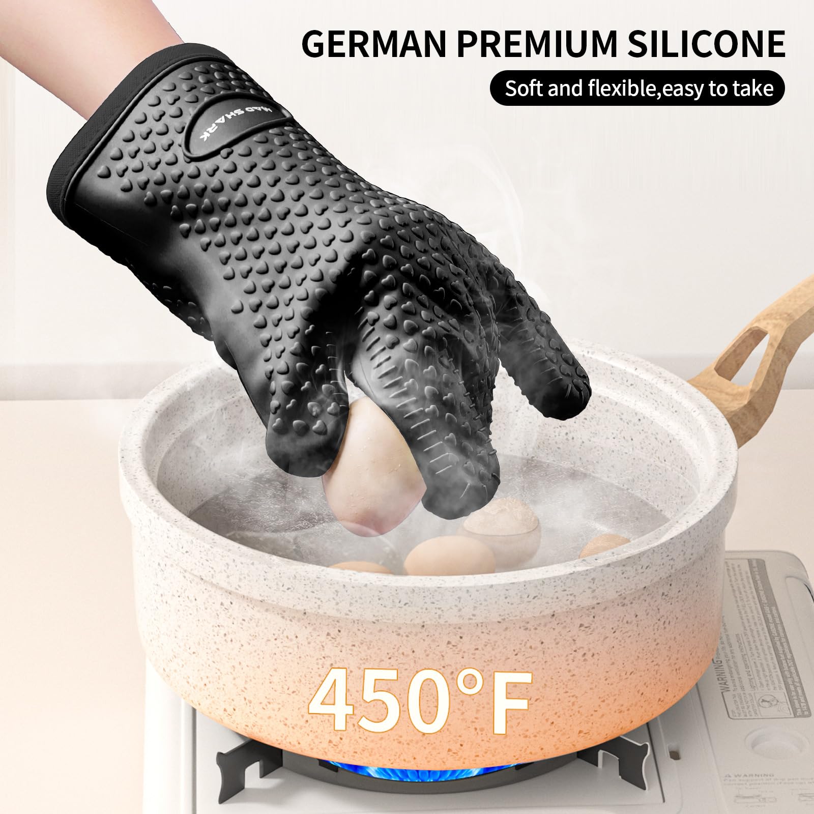 MAD SHARK Silicone Oven Mitts Heat Resistant 450 Degrees,Waterproof & Non-Slip Oven Gloves with Fingers,Cotton Lined Silicone Oven Gloves Kitchen Mitts for Baking Cooking Barbecue,Women (Black)
