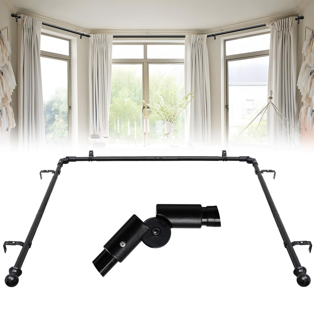 Bay Window U Shaped Curved Curtain Rods, 59-184 Inches, 1 Inch Diameter Heavy Duty Black, Adjustable for Bedroom, Living Room, Corner Windows