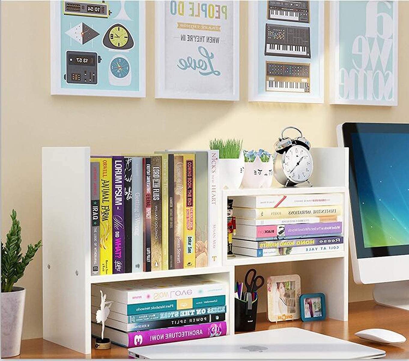 Expandable Wood Desktop Bookshelf Desktop Organizer Office Storage Rack Wood Display Shelf - Free Style Display True Natural Stand Shelf Rack Assembled Bookcase Adjustable Display Rack, White
