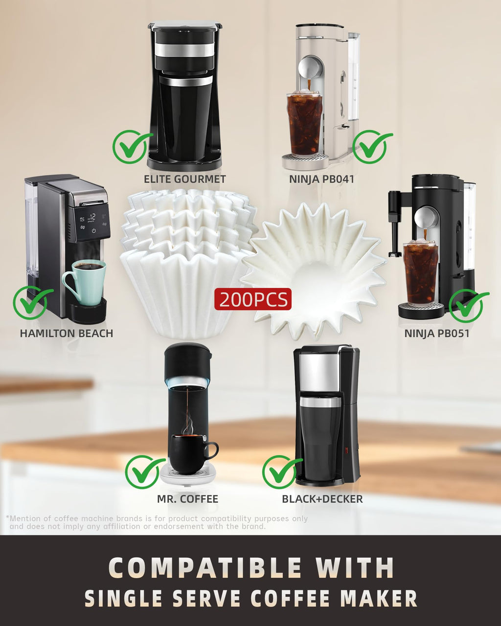 Brew Choice 200 Pcs Disposable Coffee Filters for Ninja Pod & Grounds Single Serve Coffee Maker, Basket Coffee Paper Filters Compatible with Ninja PB051 PB041 Coffee Maker, 1-2 Cup