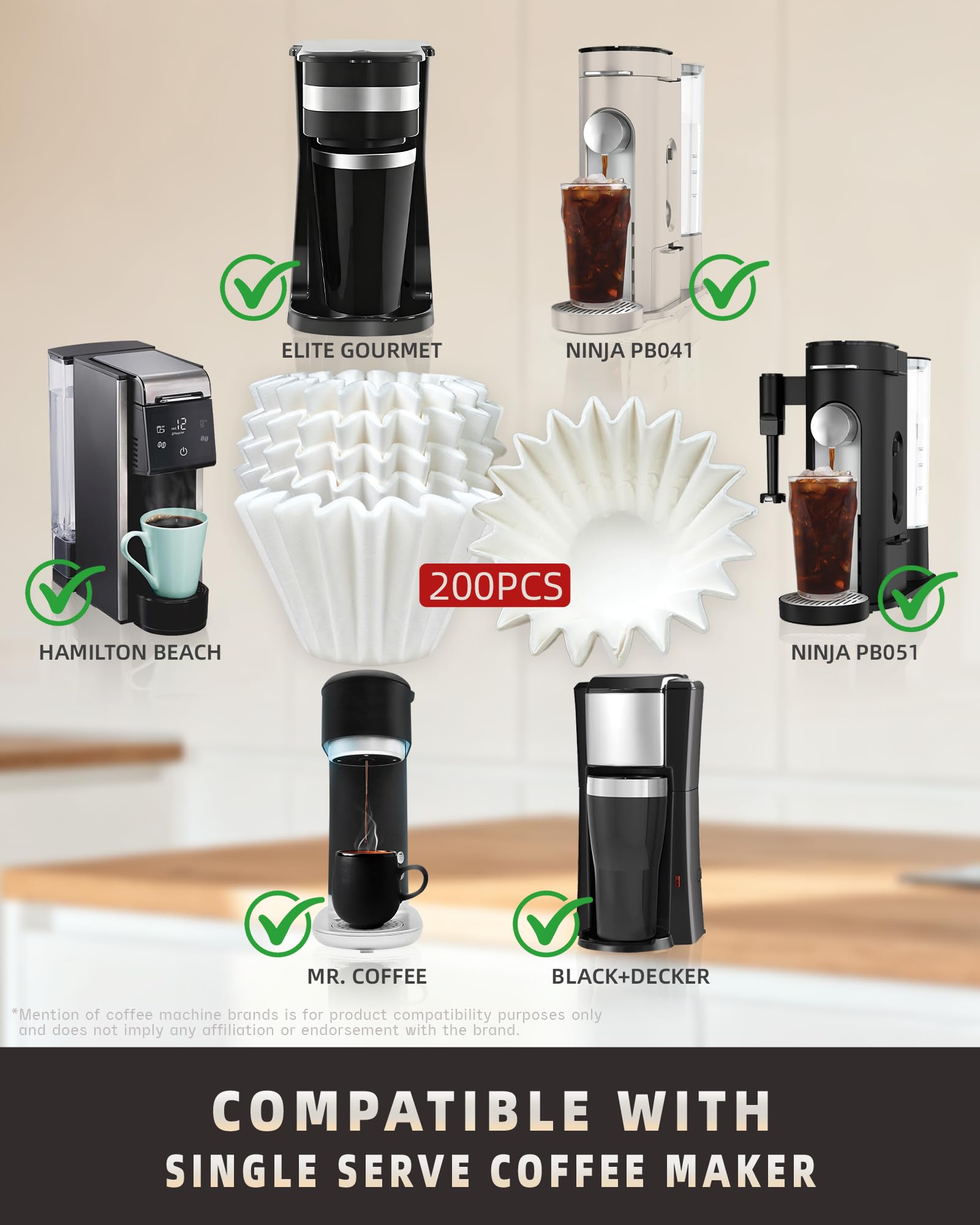 Brew Choice 200 Pcs Disposable Coffee Filters for Ninja Pod & Grounds Single Serve Coffee Maker, Basket Coffee Paper Filters Compatible with Ninja PB051 PB041 Coffee Maker, 1-2 Cup