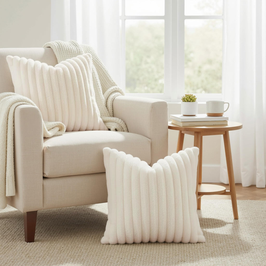 decorUhome Cream White Throw Pillow Covers 18x18 Inch Set of 2, Faux Fur Velvet Decorative Pillow Covers, Fuzzy Striped Cushion Covers Pillow Cases for Sofa Couch, Living Room Home Decor