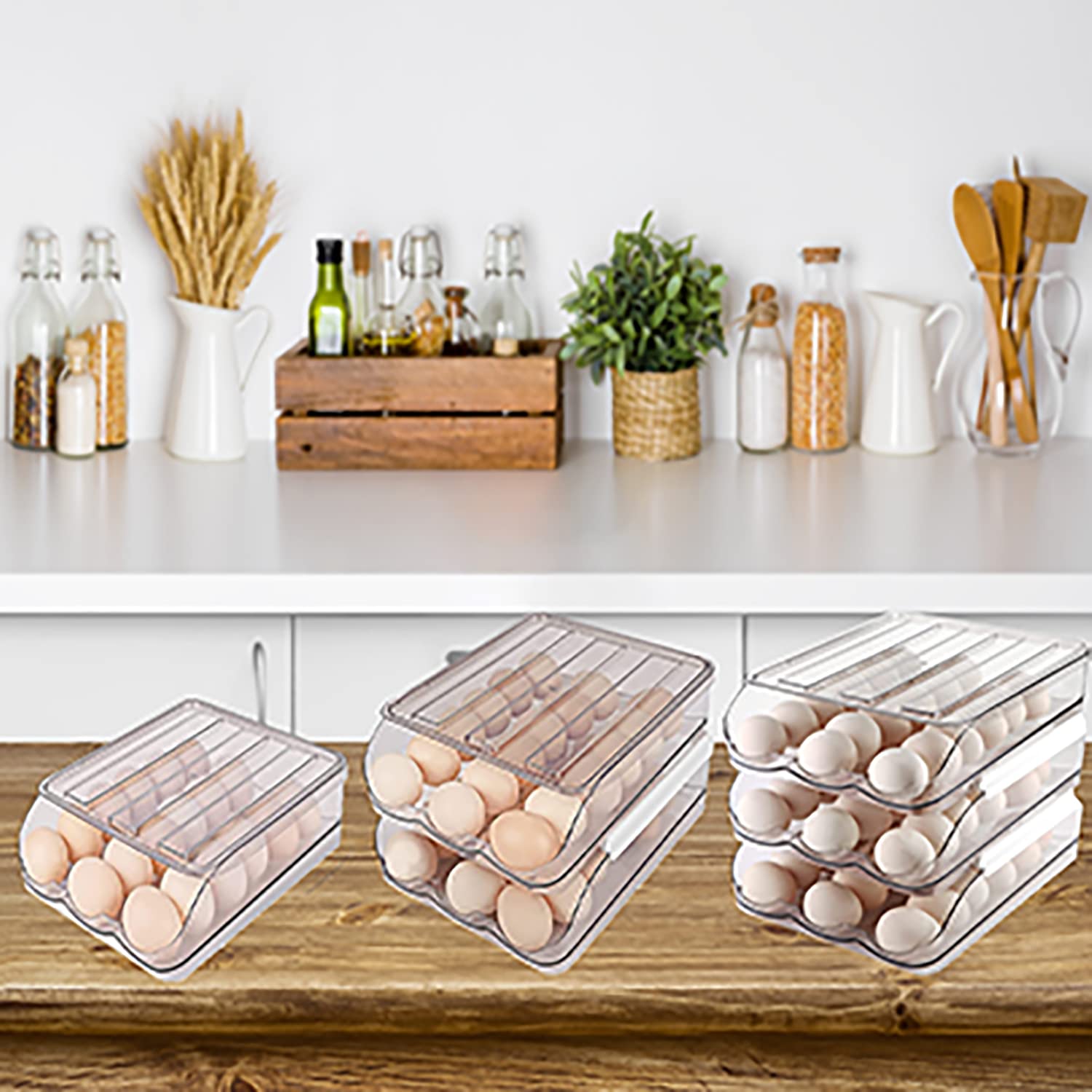 2-Tier Auto Rolling Egg Storage Container for Refrigerator, Clear Plastic Egg Tray with Lids, Large Capacity Kitchen Fridge Organizer Bin for 36 Eggs