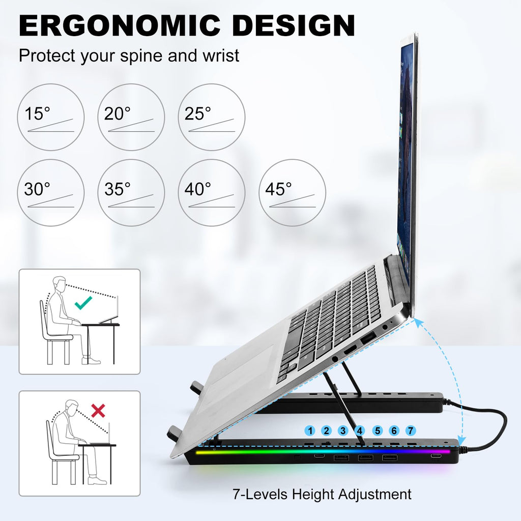 Laptop Stand for Desk, Aluminum Computer Stand with USB-A、USB-C and RGB Lights, Adjustable Foldable Portable Notebook Stand, Multi-Functional Laptop Riser with Additional Ports