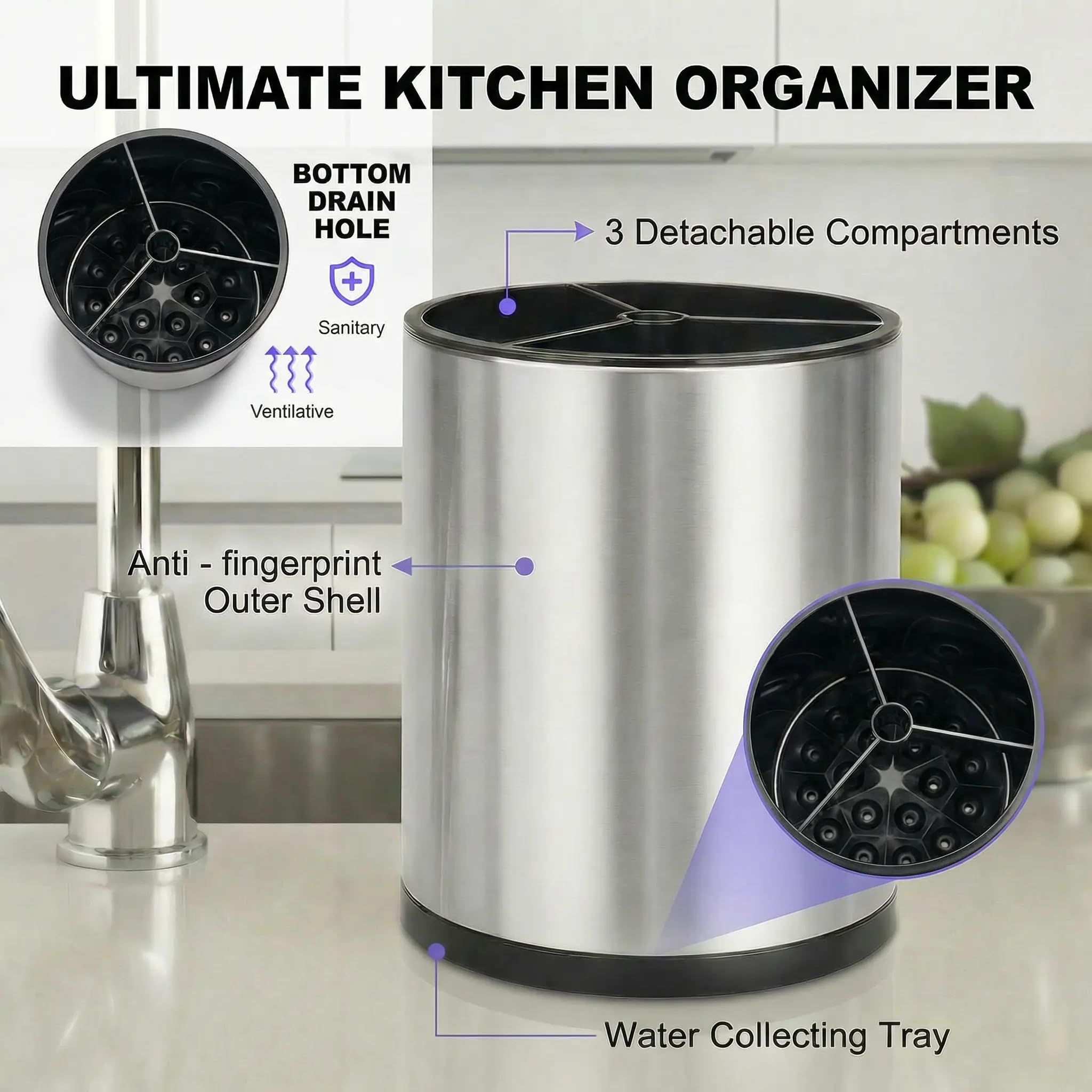 Utensil Holder Kitchen Utensil Holder 360° Rotating Stainless Utensil Holder For Counter Kitchen Utensil Organizer Detachable Base