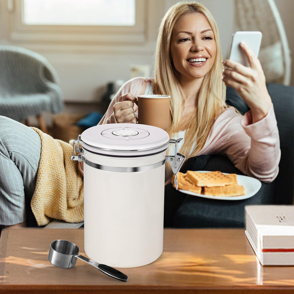 Olyzer Stainless Steel Coffee Canister 22 oz, Airtight Coffee Storage Container with Scoop, Date Tracker & CO2 Releasing Valves, for Grounds and Beans, White