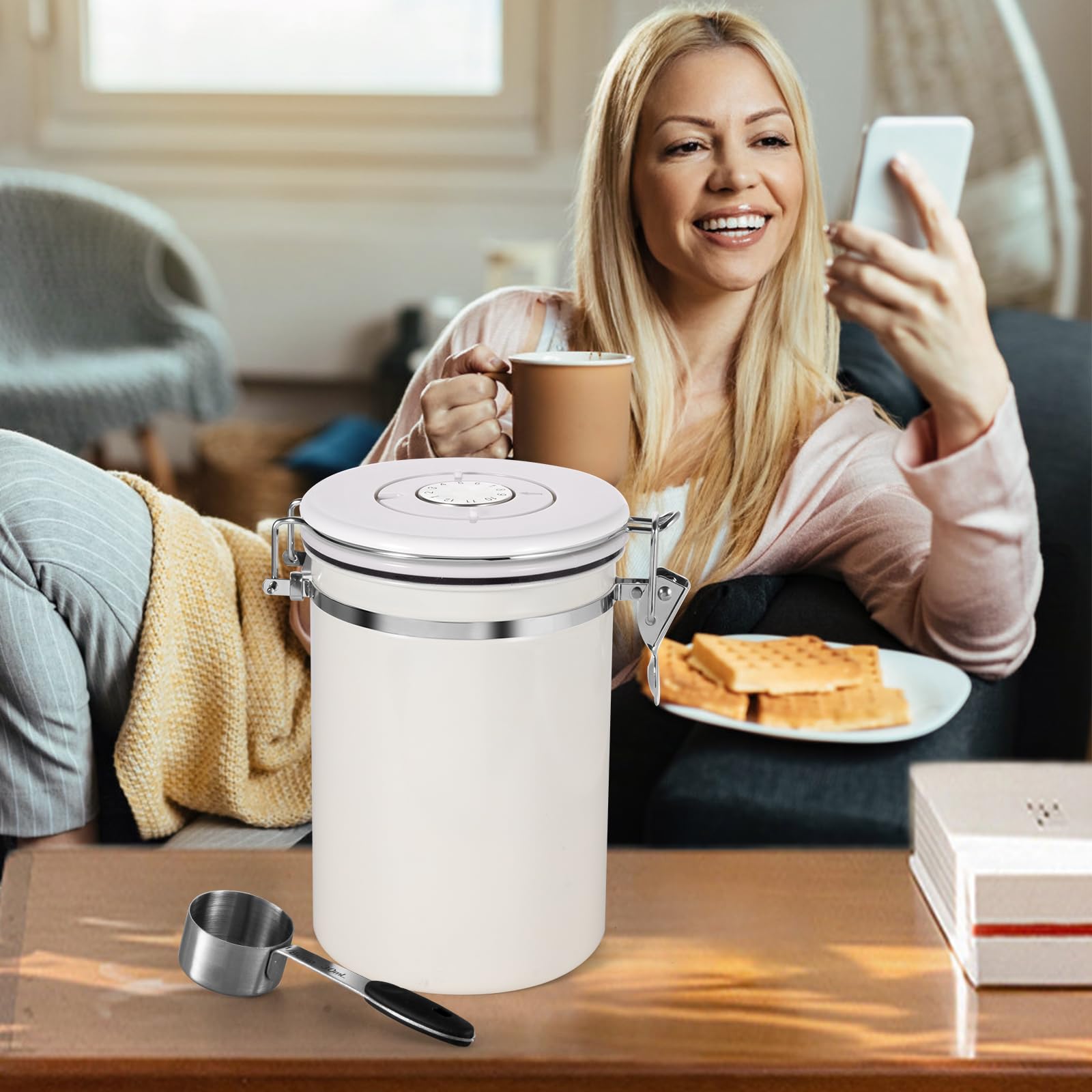Olyzer Stainless Steel Coffee Canister 22 oz, Airtight Coffee Storage Container with Scoop, Date Tracker & CO2 Releasing Valves, for Grounds and Beans, White