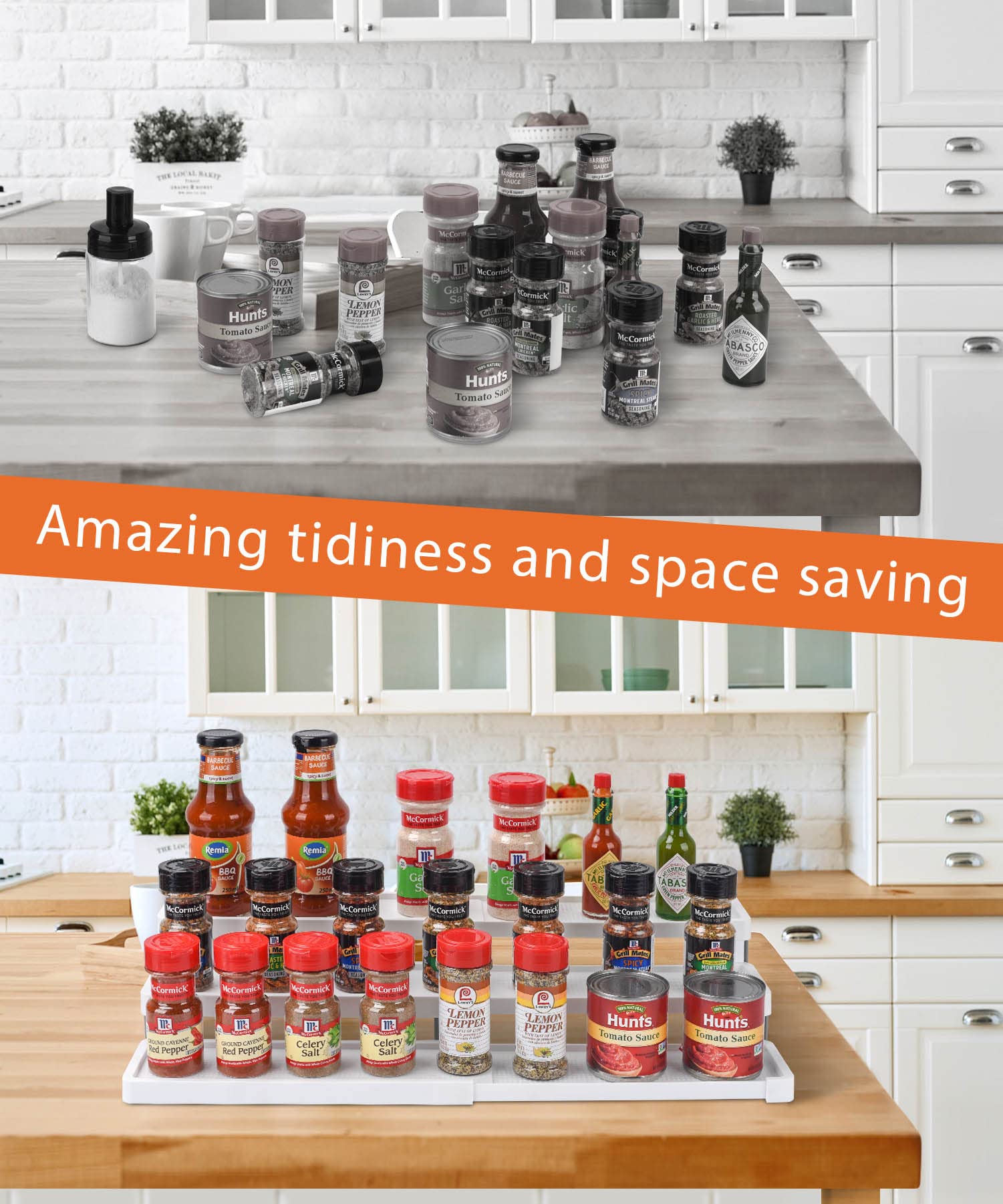 sunal Expandable Spice Rack with 3 Levels, Space-Saving Spice Rack Organisation for Kitchen Cabinets, Pantry or Worktops, Easy Visibility of the Spice Containers, White
