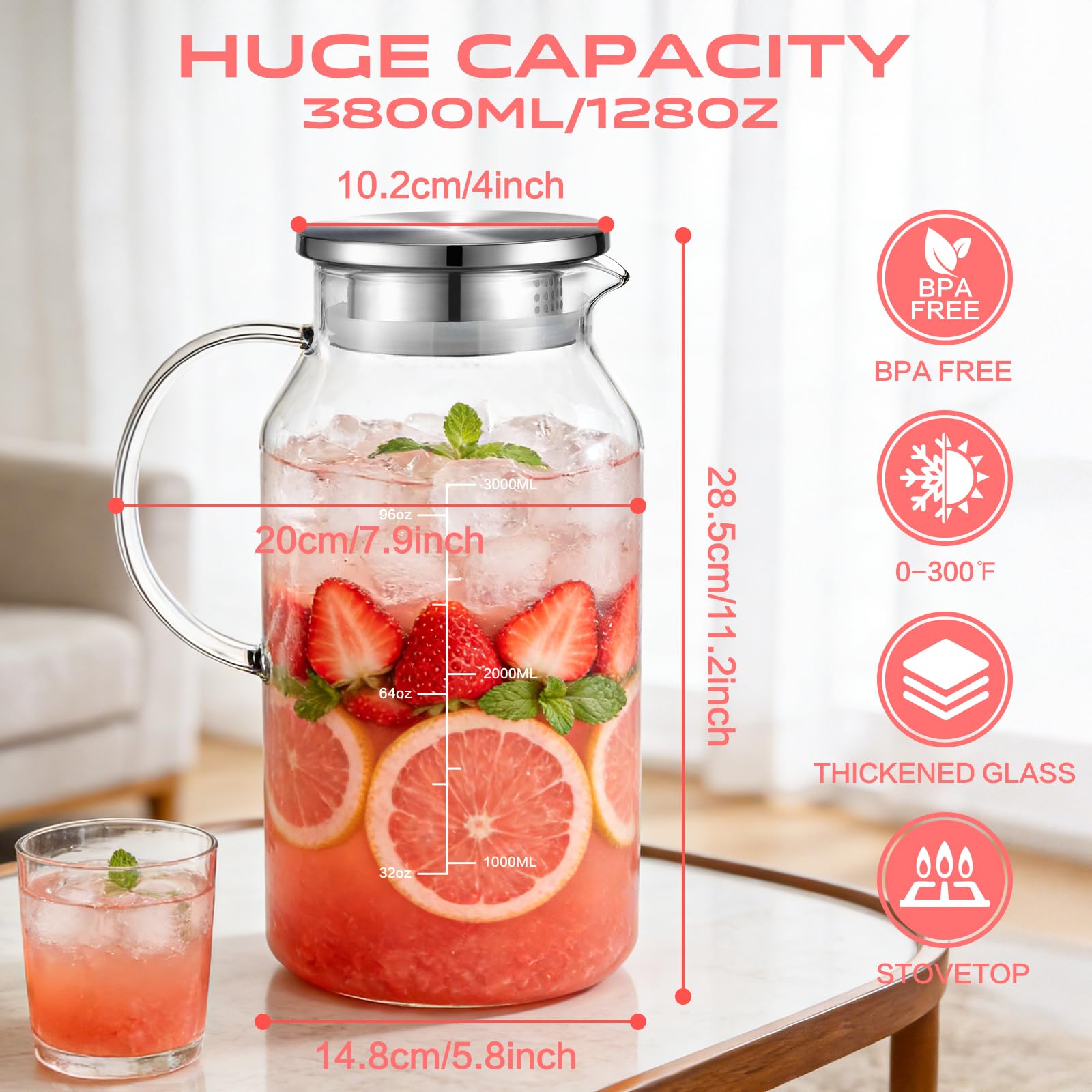 Aofmee 1 Gallon 128oz Glass Pitcher with Lid and Handle, Water Pitcher for Fridge, Borosilicate Carafe for Hot/Cold Beverage, Iced Tea Pitchers, Juice Jug for Coffee, Milk, Homemade Lemonade
