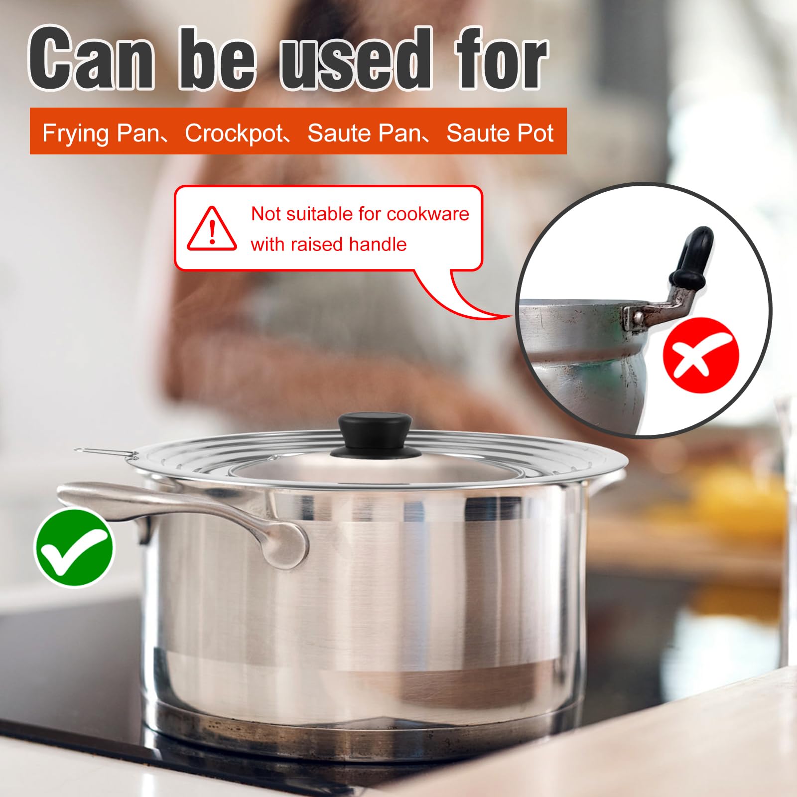 Universal Lid for Pots and Pans Skillets, Pan Cover with Tempered Glass Top Fits 6,7,8 Inch & 8.2, 9, 10, 11, 12 Inch Cookware, Stainless Steel Replacement Frying Pan Cover, Cast Iron Lids
