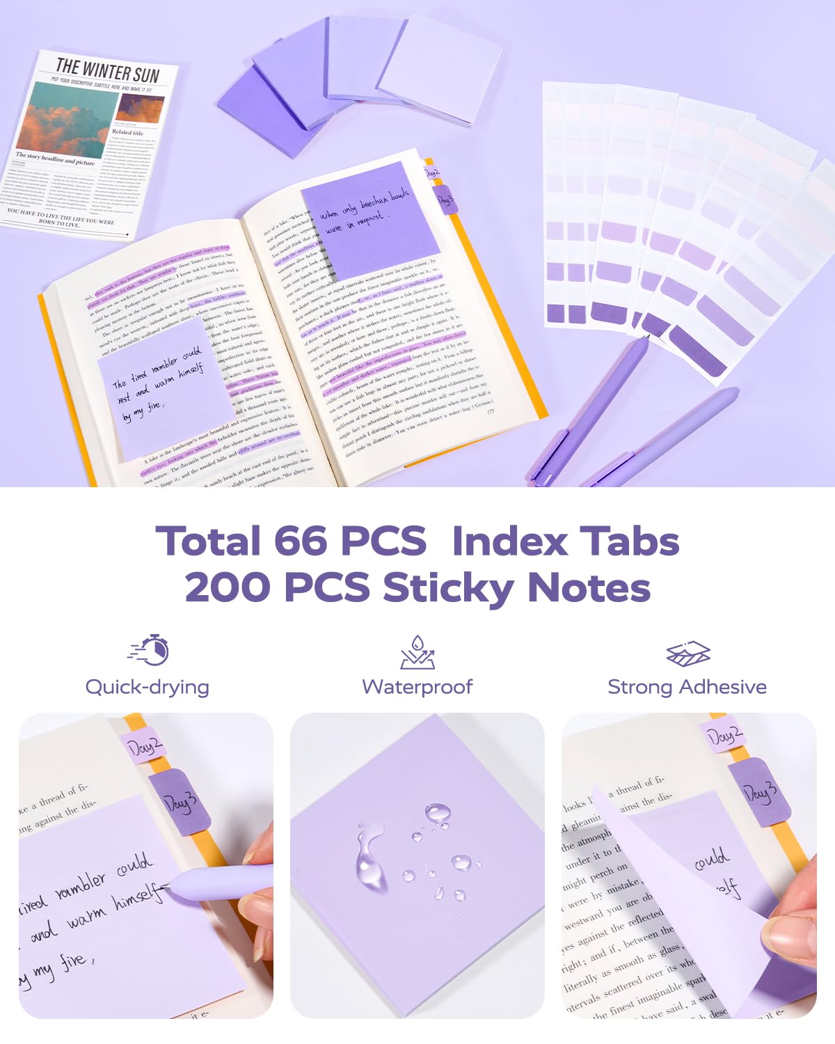 Four Candies Aesthetic School Supplies, 4 Gel Pens with Black Ink, 4 Correction Tape, 2 Pastel Highlighters, 2 Mechanical Pencils, Sticky Notes, Index Post for Back to School Supplies with Case Purple