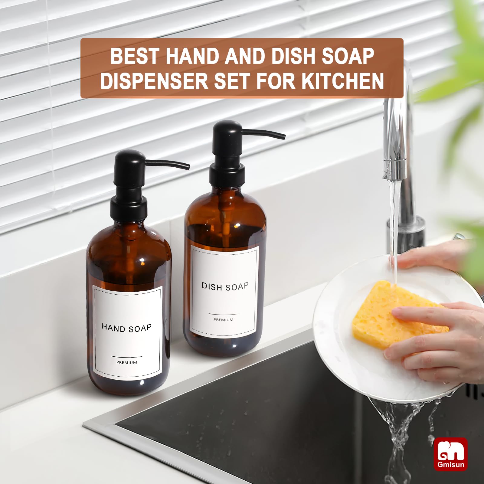 GMISUN Soap Dispenser, 2 Pack Bathroom Hand Soap Dispenser with Rustproof Stainless Steel Pump, Amber Glass Dish Soap Dispenser Set for kitchen, Hand and Dish Soap Dispensers Sets, Liquid Soap Bottles