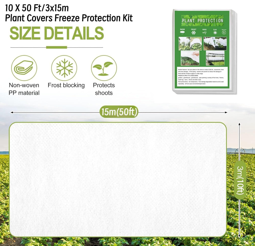Plant Covers Freeze Protection Kit, Frost Cloths for Outdoor Plants, UV Resistant Polyethylene Film, Plant Vegetable Blanket Covers for Plants Dust Proof Cold Weather Winds (10 X 50 Ft)