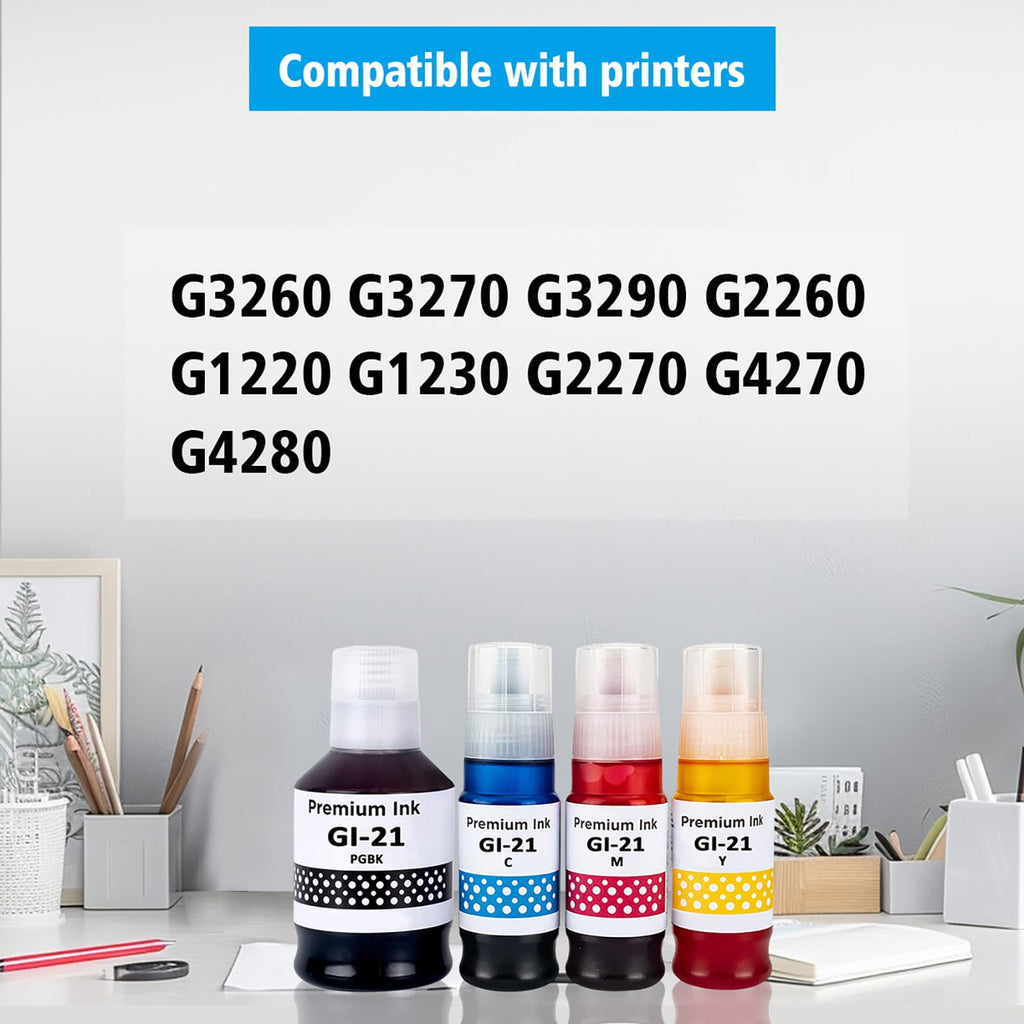 GI-21 GI21 G3270 G3290 Ink Bottles 4 Color Multipack Compatible High Capacity for Canon G3260 G2260 G1220 G1230 G2270 G4270 G4280 Printers 170ml Black Ink Refill 70ml C/M/Y Ink Refill