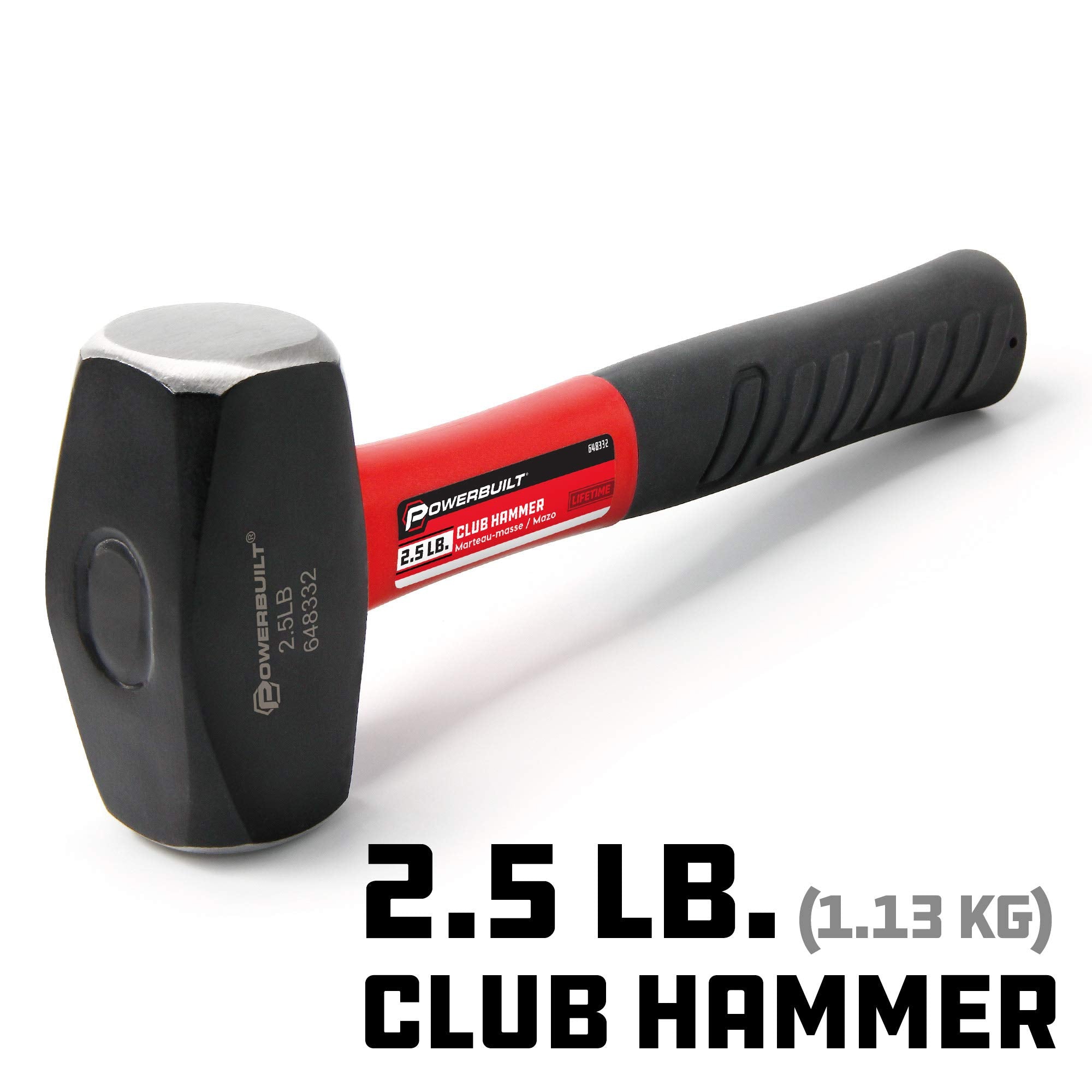 Powerbuilt 2-1/2 Pound Club Hammer with Fiberglass Handle, Non-Slip Rubber Handle, Heavy Duty Construction DIY Hand Tool, Black 648332