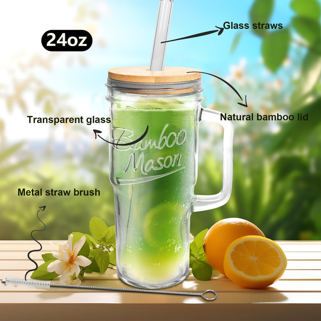ANOTION Glass Cups with Lids and Straws - 24 oz Tumbler with Handle Halloween Coffee Cups Glass Straws Mason Jar Cups Drinking Set Kitchen Essentials Coffee Bar House Warming Gifts New Home