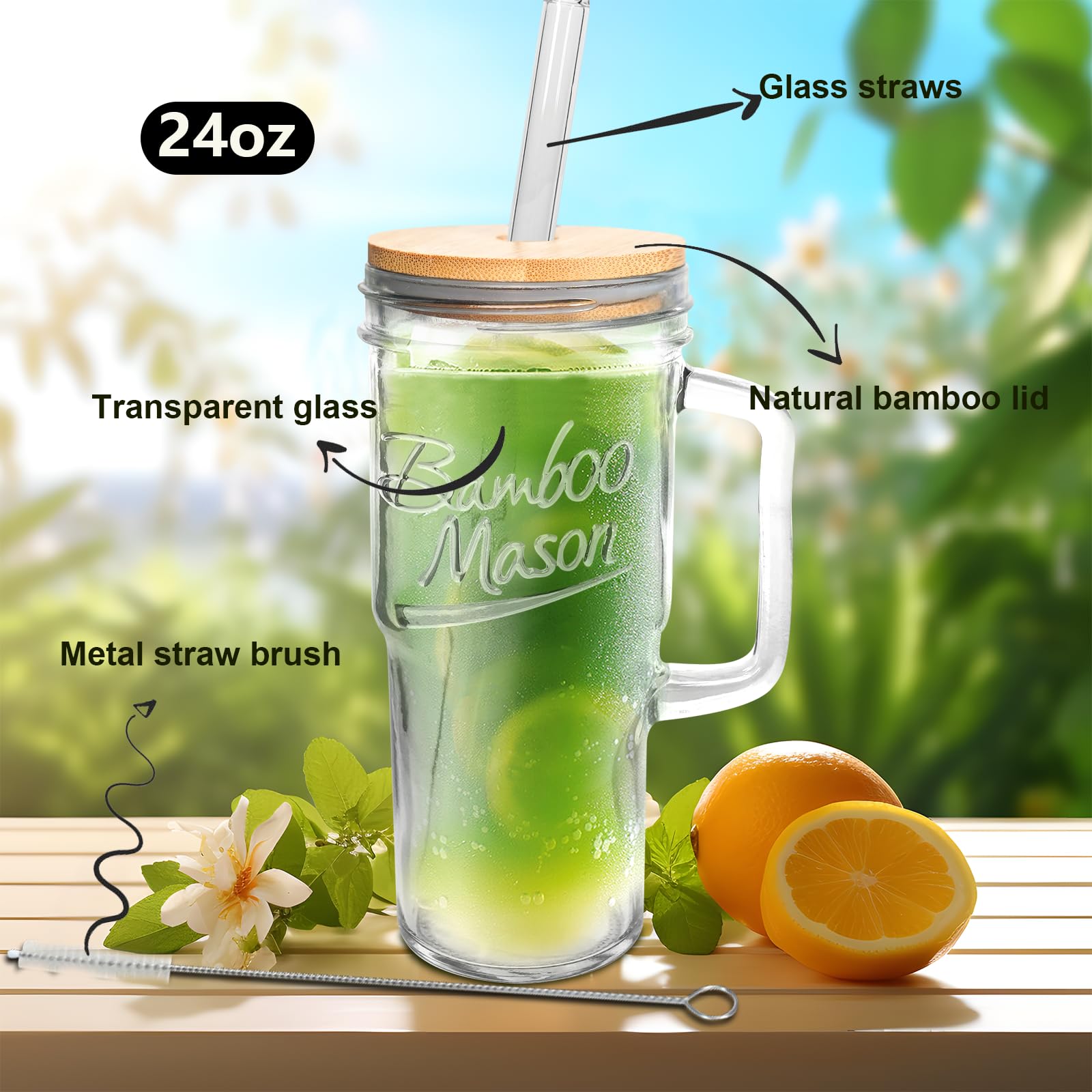 ANOTION Glass Cups with Lids and Straws - 24 oz Tumbler with Handle Halloween Coffee Cups Glass Straws Mason Jar Cups Drinking Set Kitchen Essentials Coffee Bar House Warming Gifts New Home
