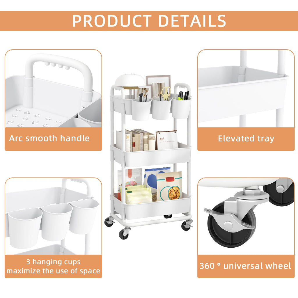 JIUYOTREE 3-Tier Plastic Rolling Storage Cart Utility Cart with Extra Hanging Cups Handles Lockable Wheels for Living Room Bathroom Kitchen Office White