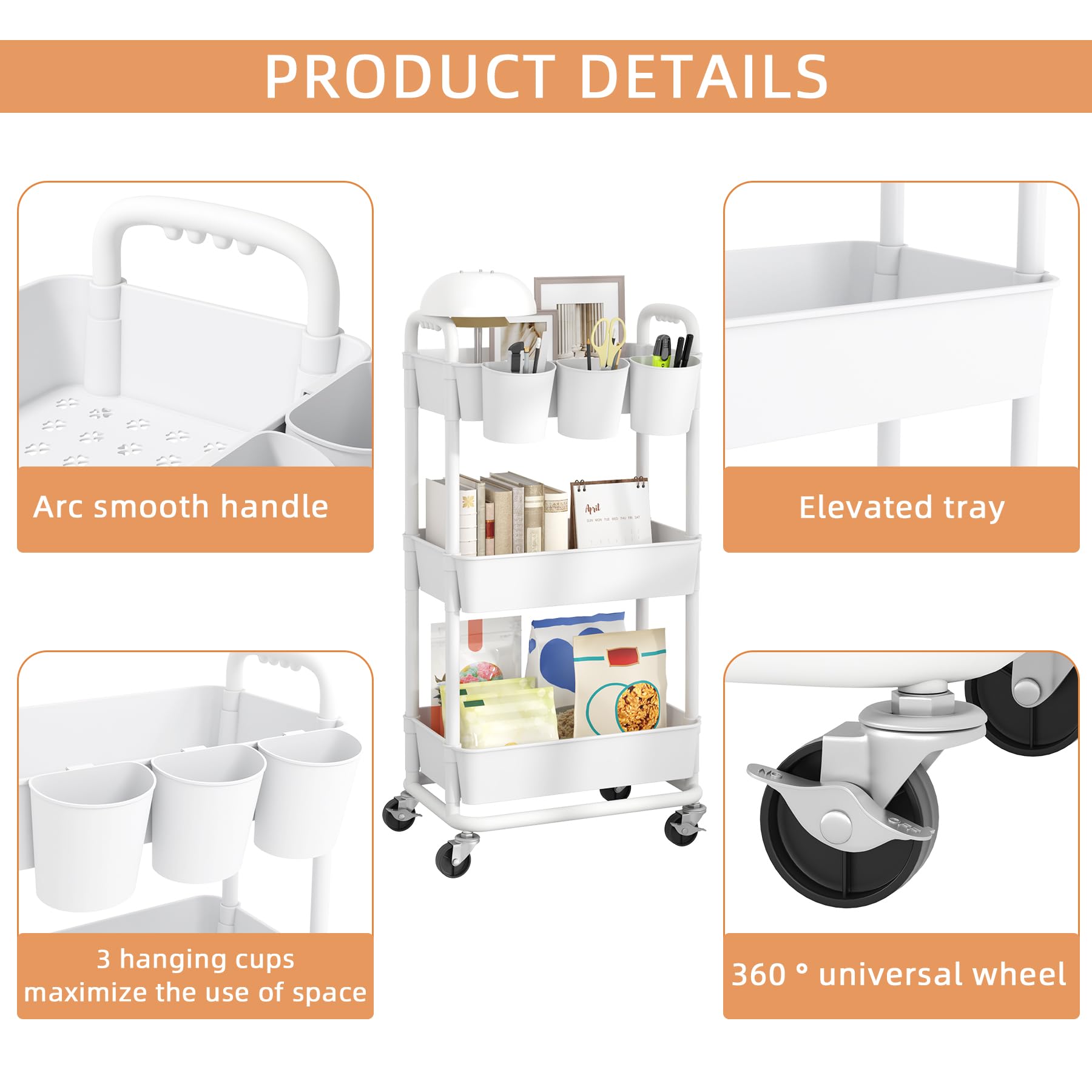 JIUYOTREE 3-Tier Plastic Rolling Storage Cart Utility Cart with Extra Hanging Cups Handles Lockable Wheels for Living Room Bathroom Kitchen Office White